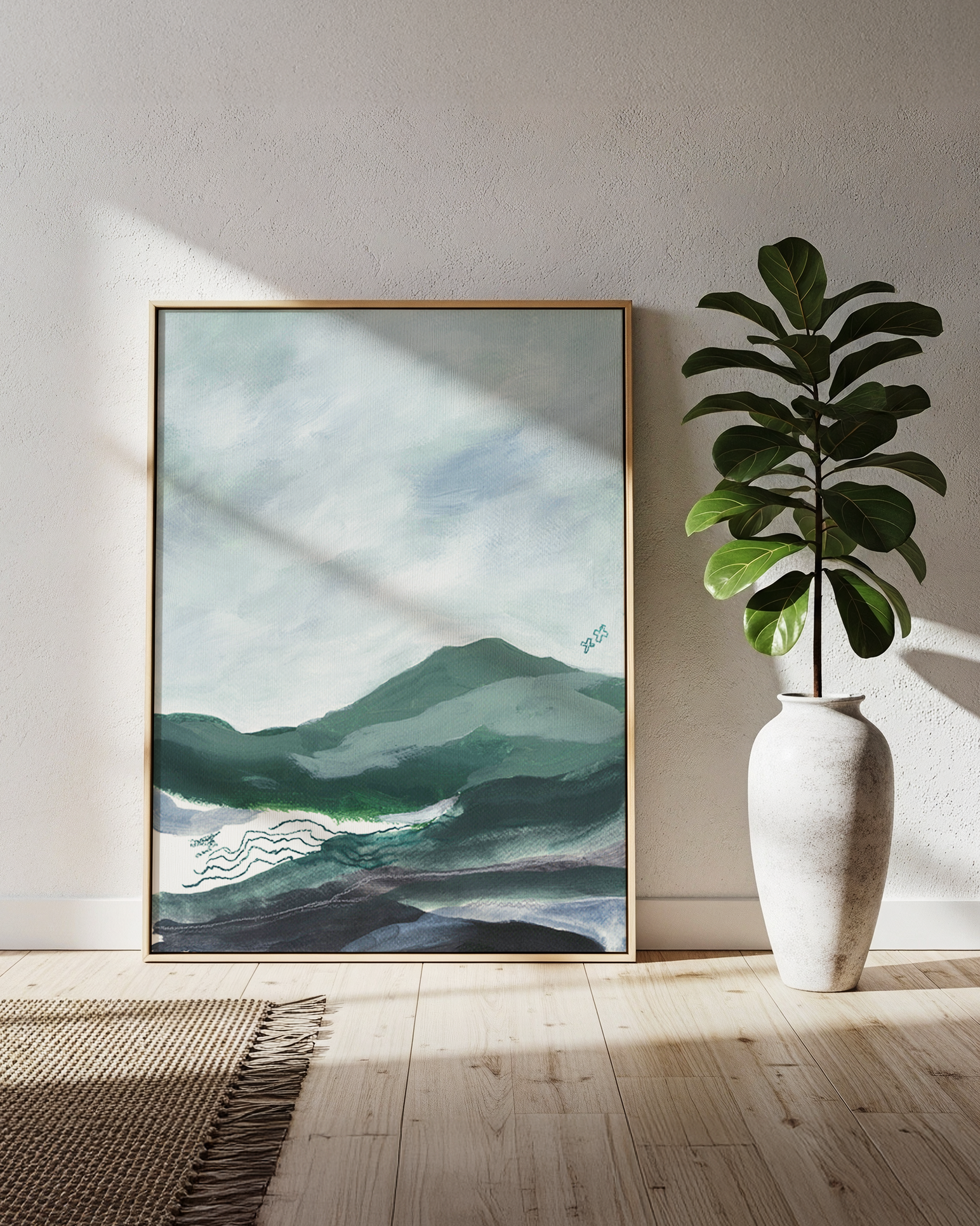 Layered abstract landscape watercolor & acrylic painting with misty sky in blues and green layered hills