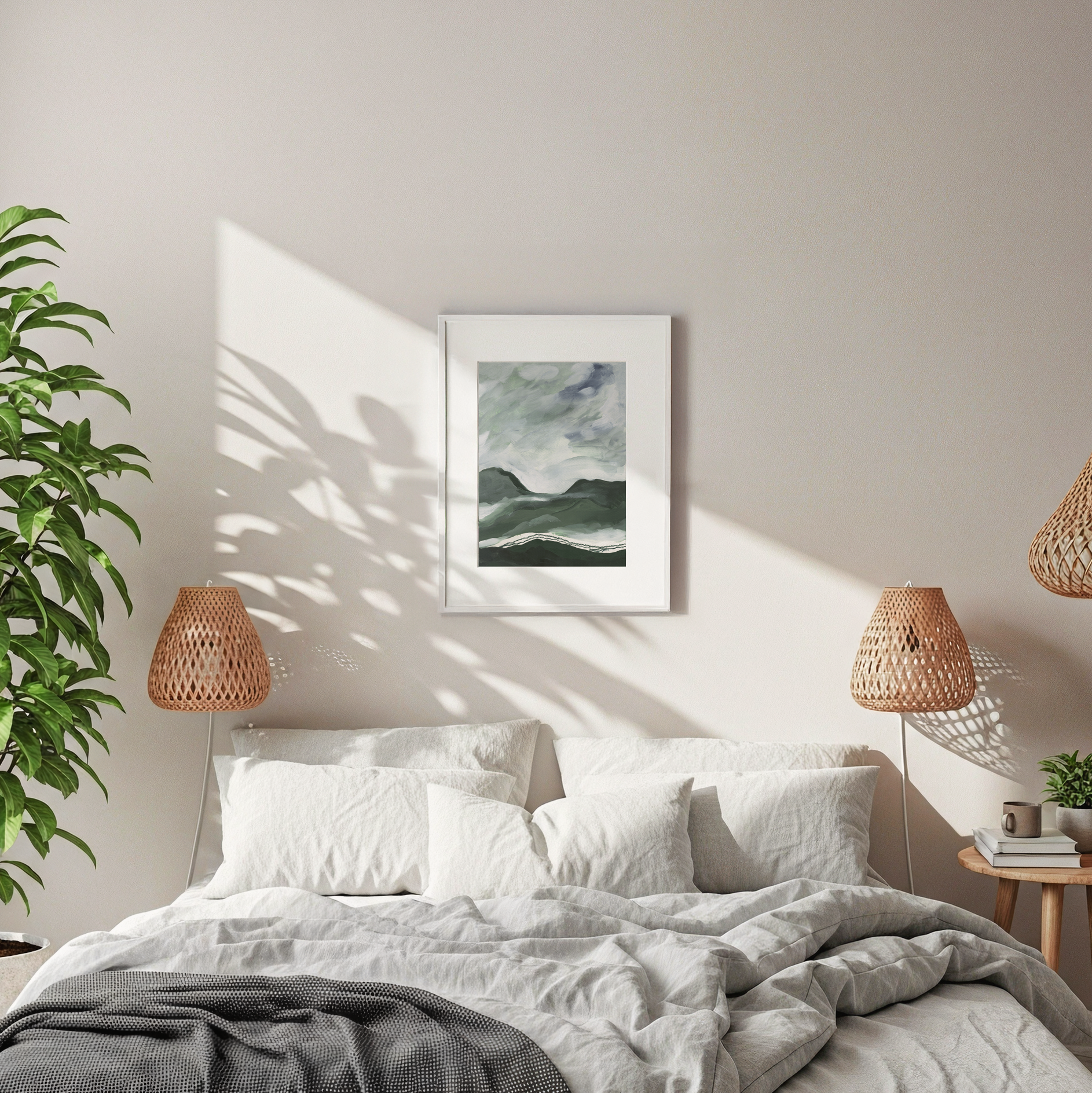Abstract painting in acrylic and watercolour layered lands and hills painting by leanne Aroha Mulder, in a cozy bedroom