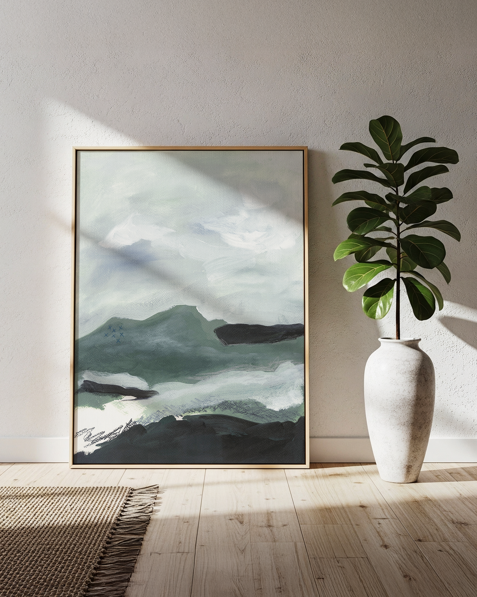 Layered abstract landscape watercolor & acrylic painting with misty sky in blues and green layered hills