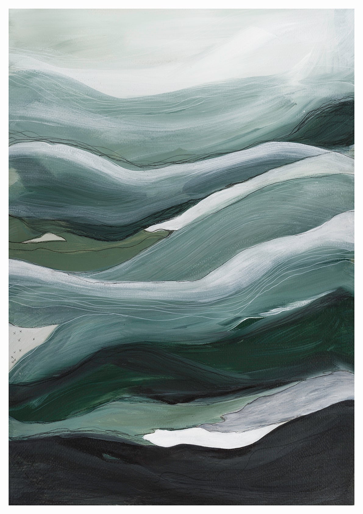Original art Layered abstract landscape watercolor & acrylic painting with misty sky in blues and green layered hills