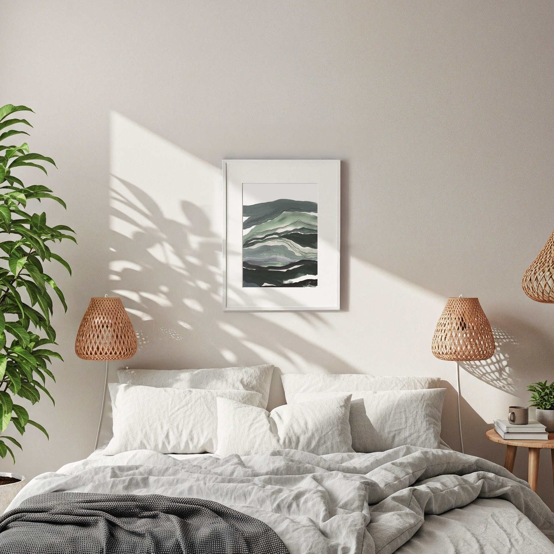 Layered abstract landscape watercolor & acrylic painting with misty sky in blues and green layered hills