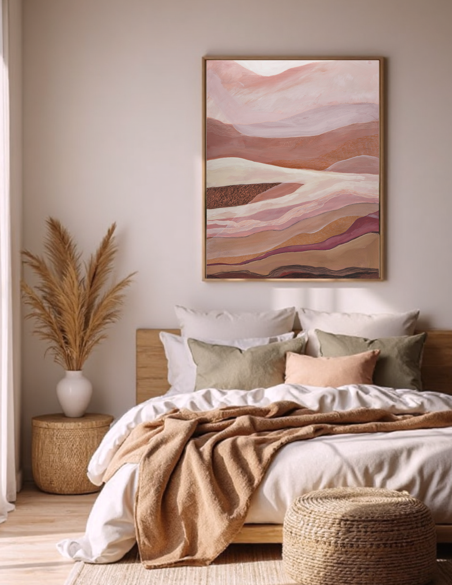 Original abstract landscape artwork featuring flowing mountain silhouettes in warm pink and coral hues in a bedroom