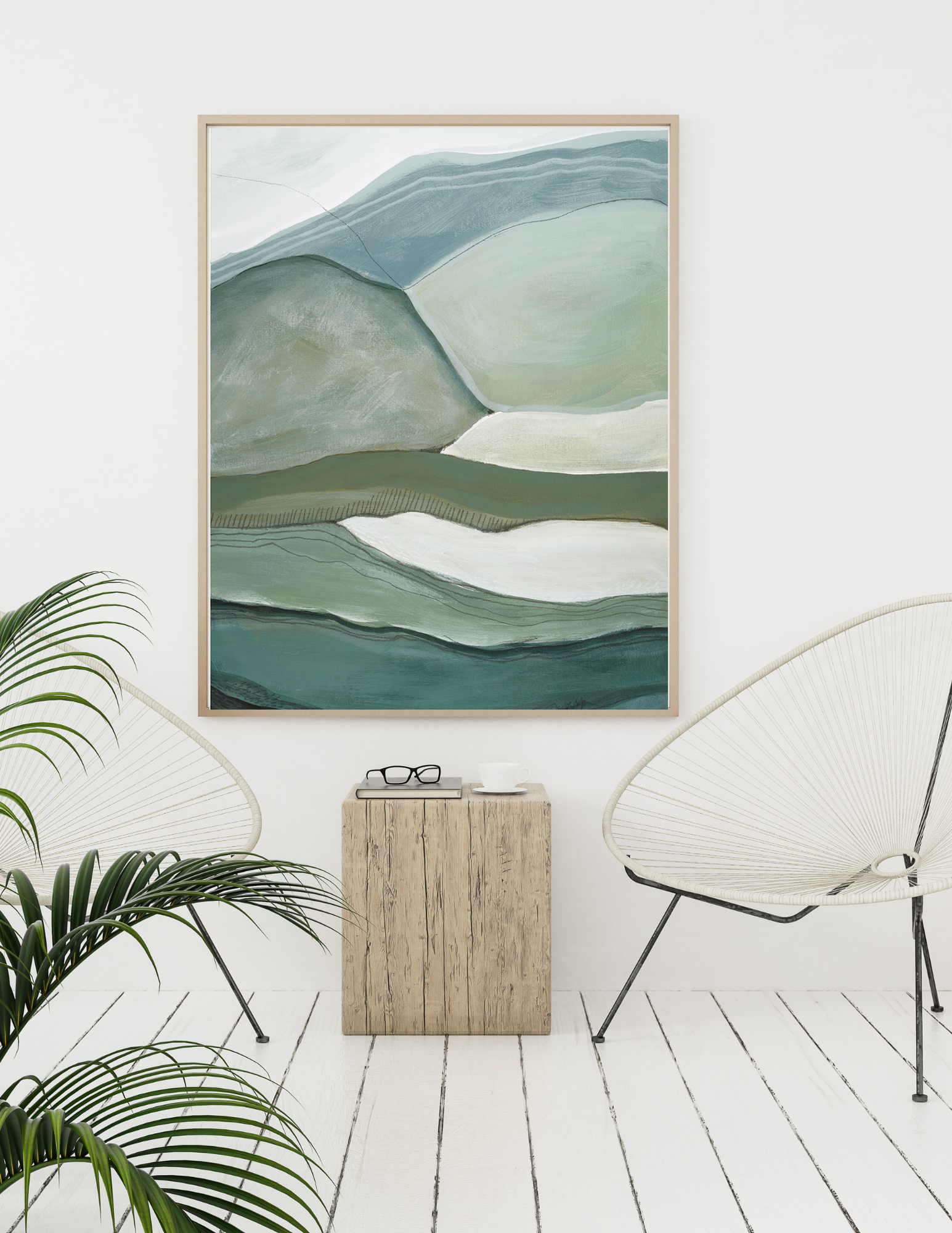 Original art Layered abstract landscape watercolor & acrylic painting with misty sky in blues and green layered hills