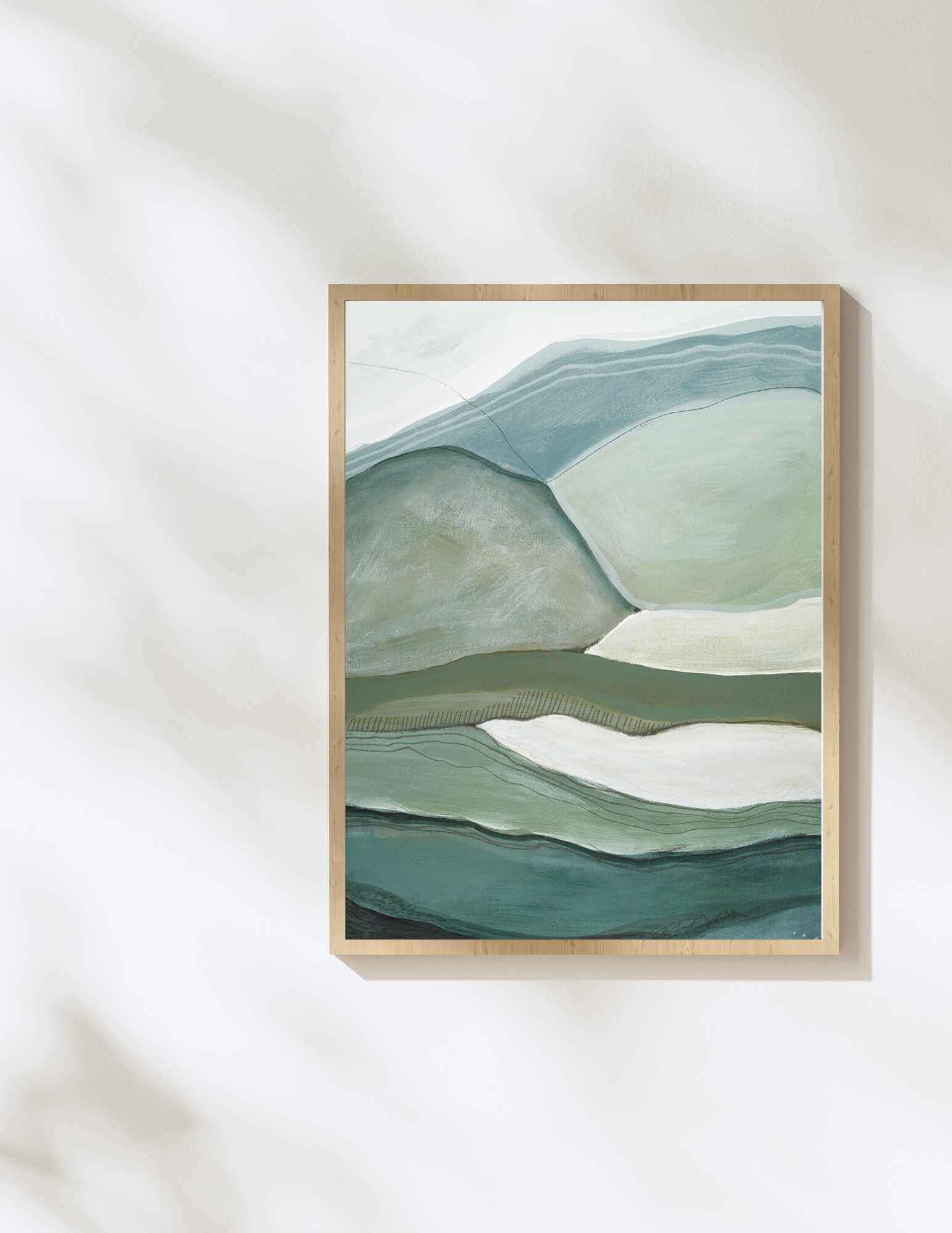 Original art Layered abstract landscape watercolor & acrylic painting with misty sky in blues and green layered hills