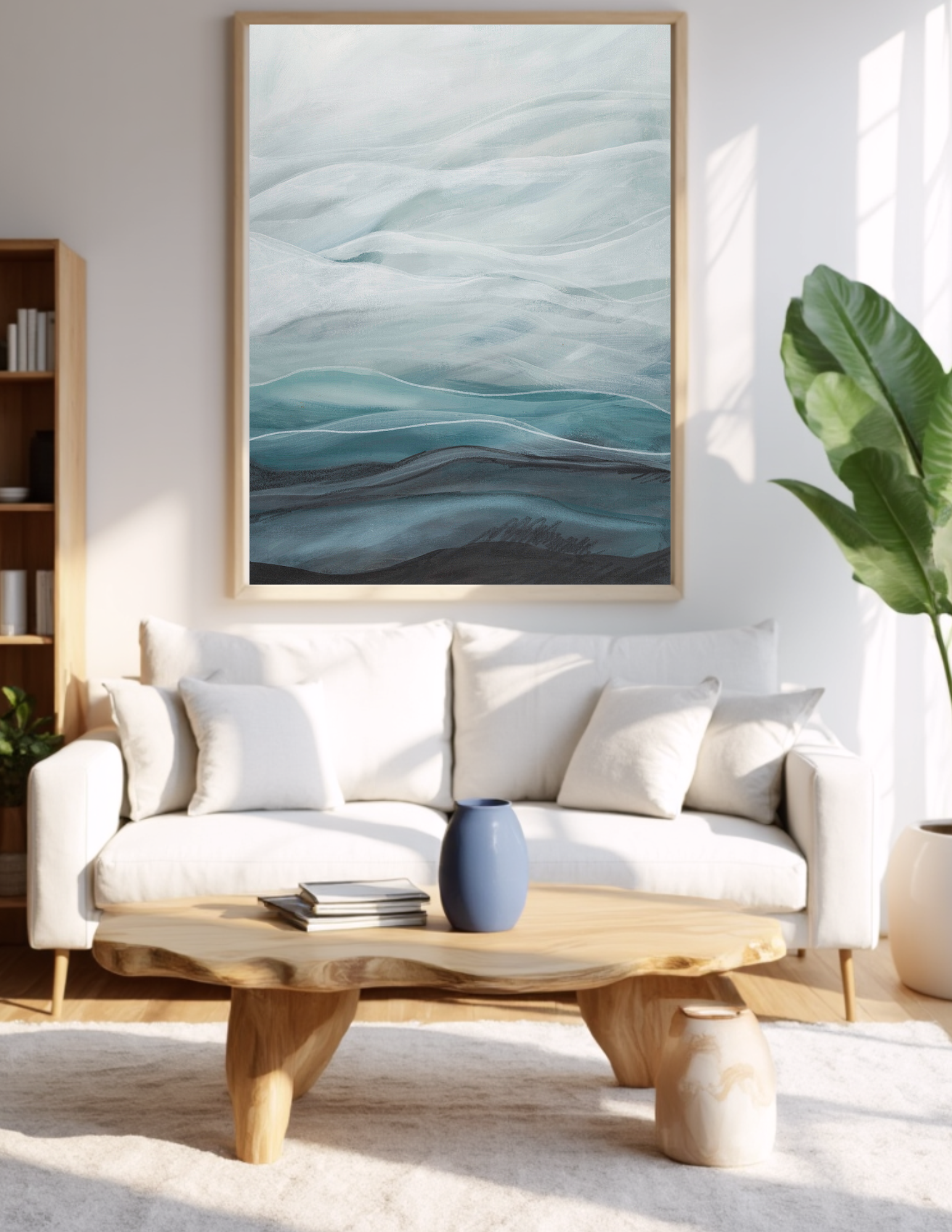 Abstract landscape artwork by Leanne Aroha Mulder titled "Dreaming Below" — features soft misty blues, layered hills, and delicate flowing lines in a living room