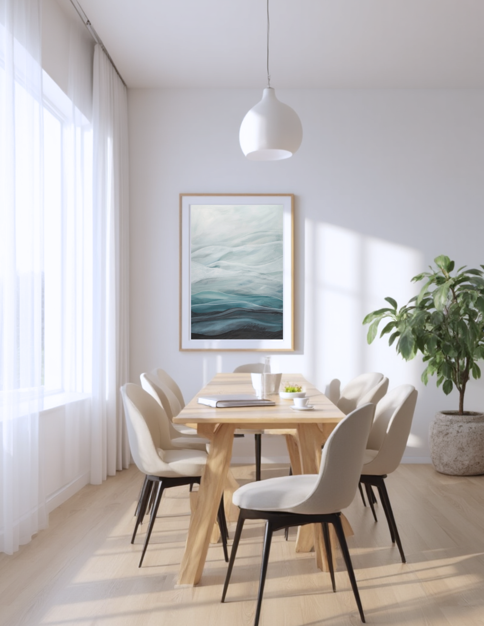 Abstract landscape artwork by Leanne Aroha Mulder titled "Dreaming Below" — features soft misty blues, layered hills, and delicate flowing lines.