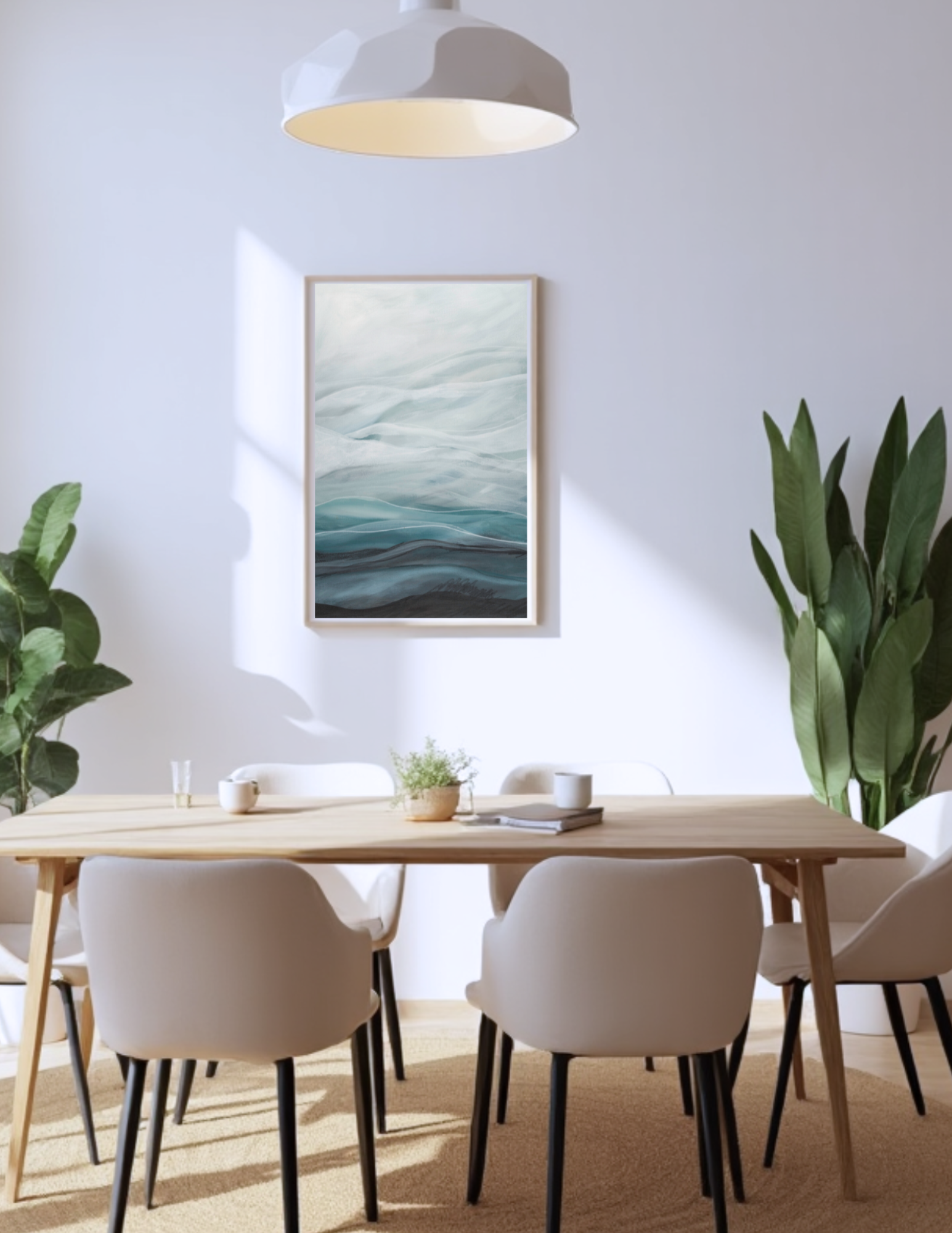 Abstract landscape artwork by Leanne Aroha Mulder titled "Dreaming Below" — features soft misty blues, layered hills, and delicate flowing lines in a modern dining room