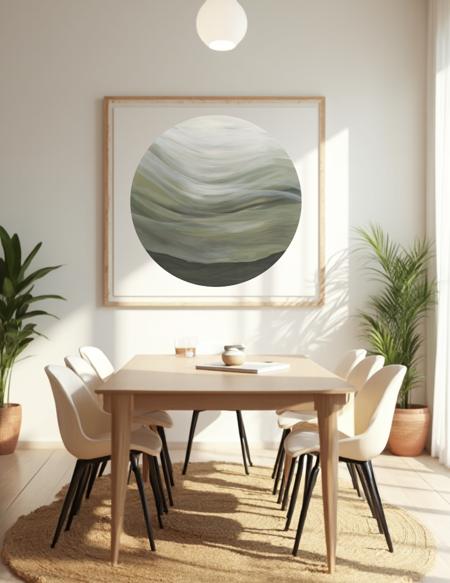 Velvet Earth circular abstract landscape print by Leanne Aroha Mulder, featuring soft earthy greens and flowing, misty hills, in a dining room