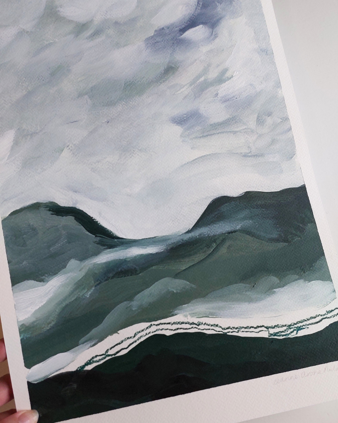 Abstract painting in acrylic and watercolour layered lands and hills painting by leanne Aroha Mulder