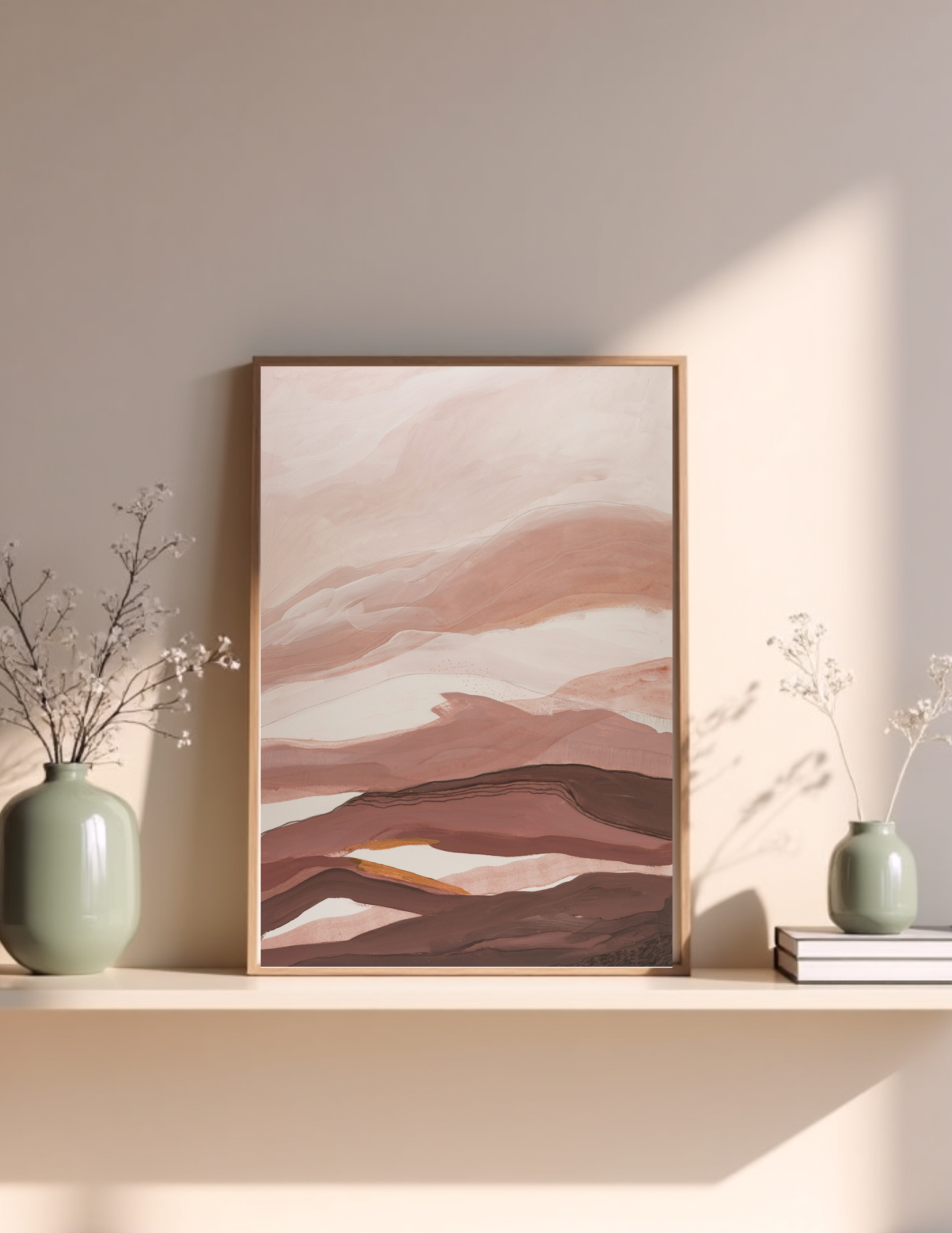 Abstract A2 acrylic landscape artwork by Leanne Aroha Mulder – in terracotta, blush, apricot, clay and mahogany tones with fine linework and layered earthy textures.