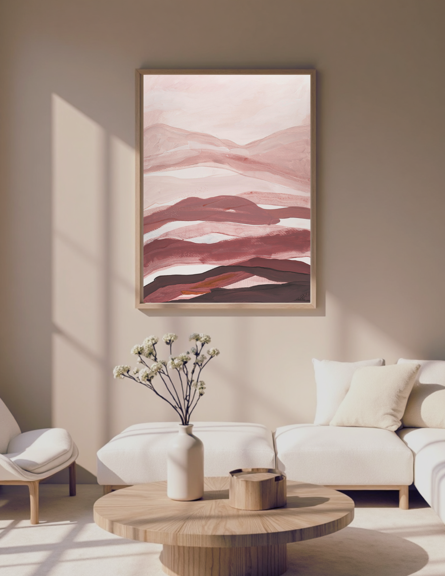 Abstract landscape acrylic painting by Leanne Aroha Mulder, in colours of , pinks brown s terracotta and rich earthy colors, layered lands