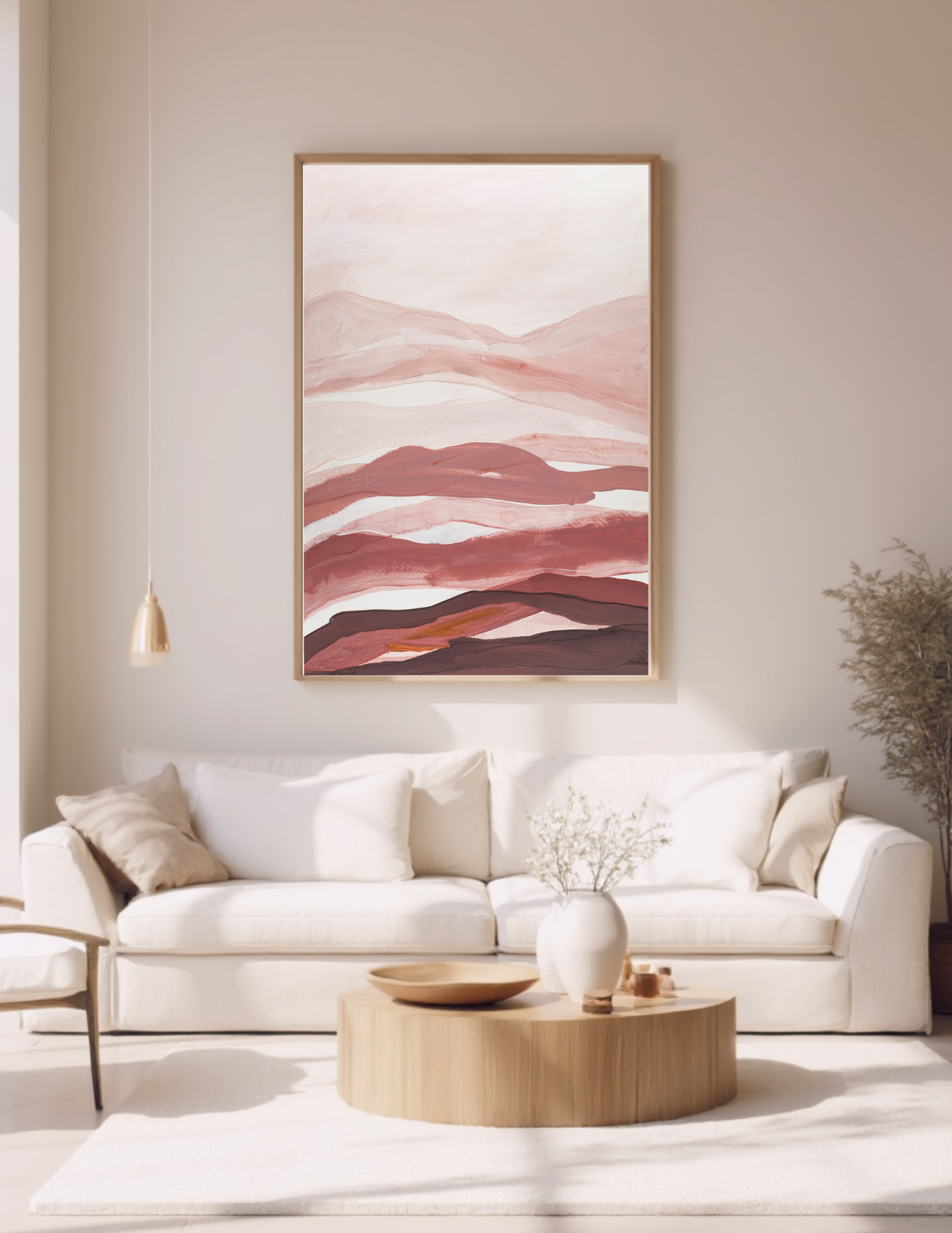 Abstract landscape acrylic painting by Leanne Aroha Mulder, in colours of , pinks brown s terracotta and rich earthy colors, layered lands