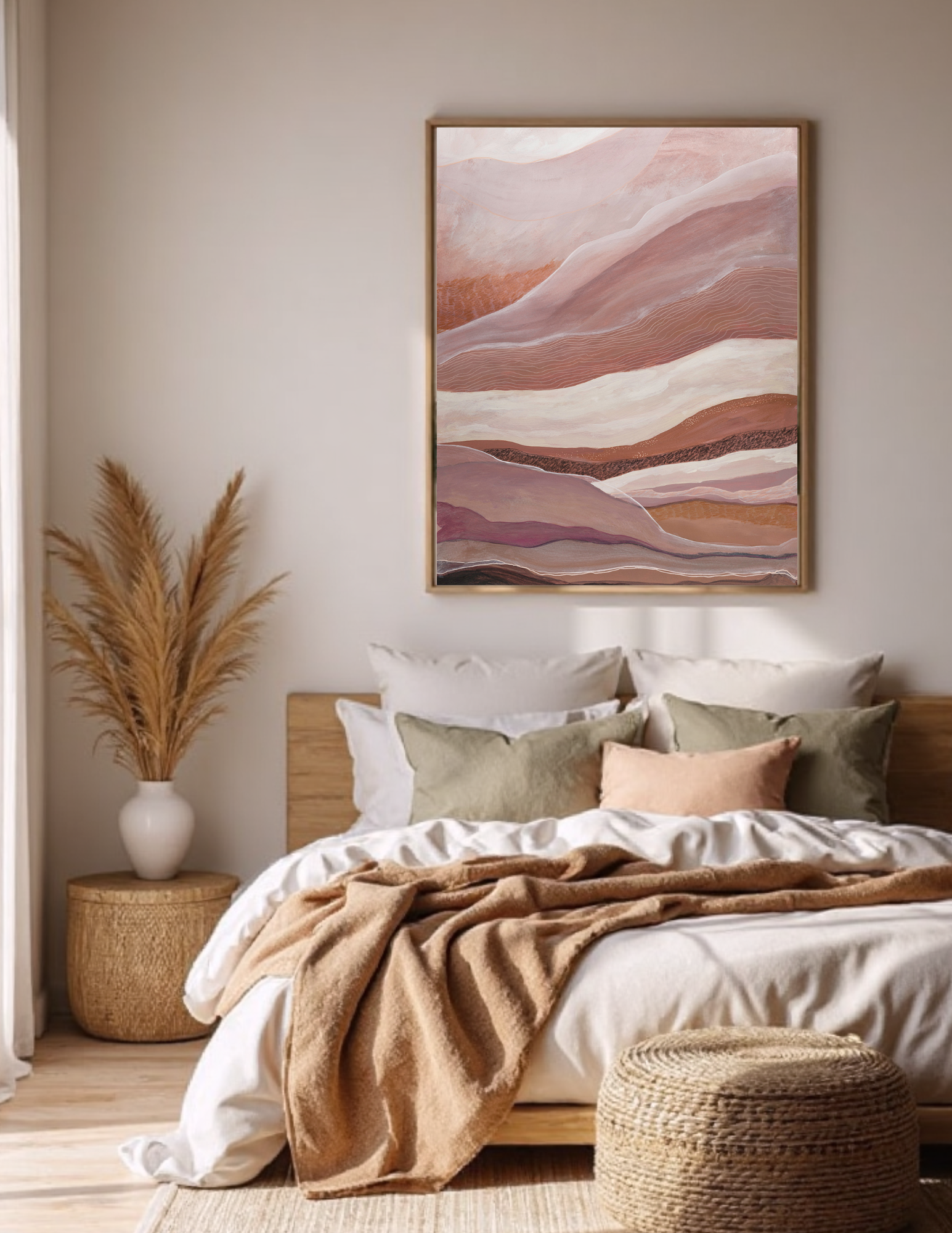 Abstract landscape painting in acrylic and ink by Leanne Aroha Mulder in colours of pink blush clay and terracotta, showing soft interfolded layers of earth