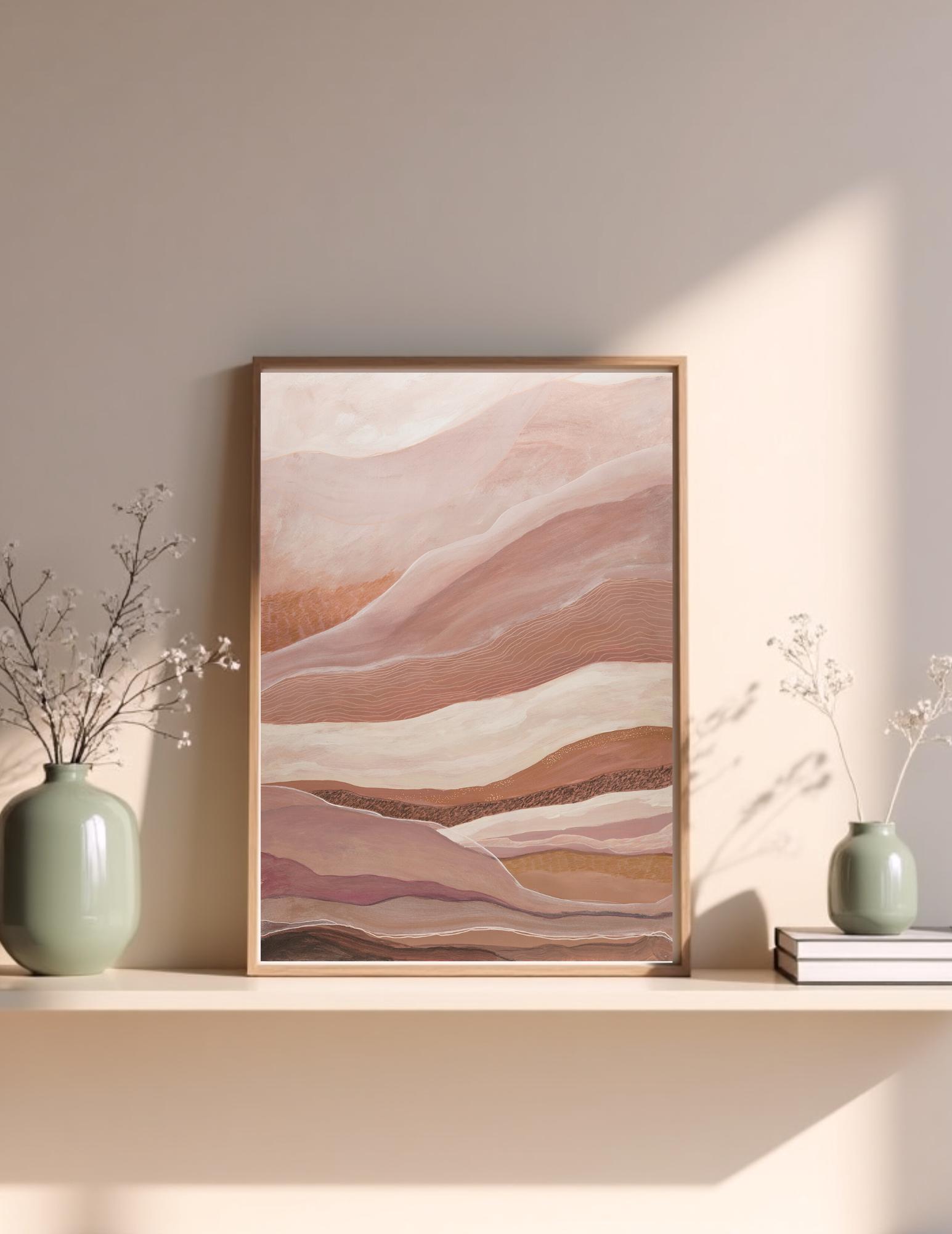 Abstract landscape painting in acrylic and ink by Leanne Aroha Mulder in colours of pink blush clay and terracotta, showing soft interfolded layers of earth
