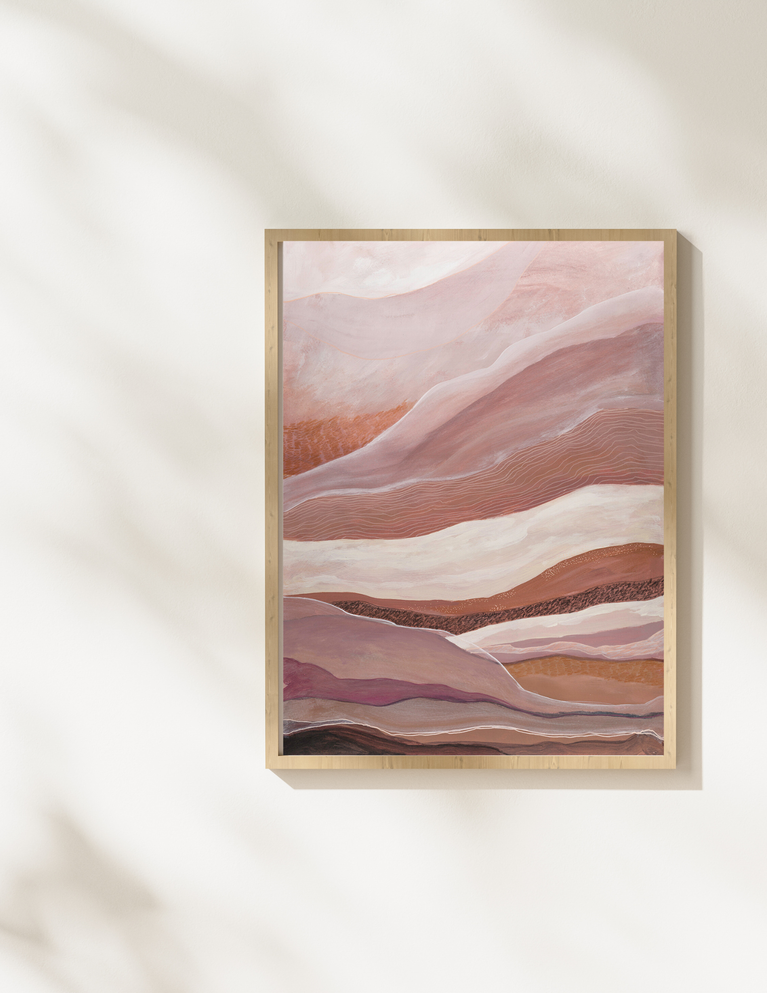 Abstract landscape painting in acrylic and ink by Leanne Aroha Mulder in colours of pink blush clay and terracotta, showing soft interfolded layers of earth