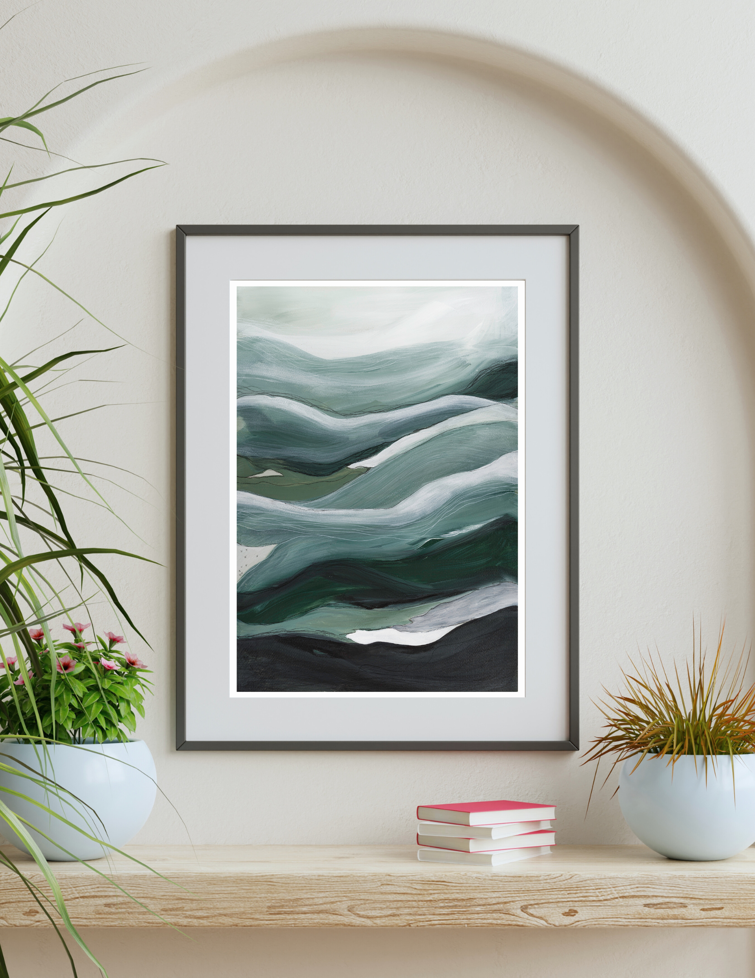 Original art Layered abstract landscape watercolor & acrylic painting with misty sky in blues and green layered hills in a frame