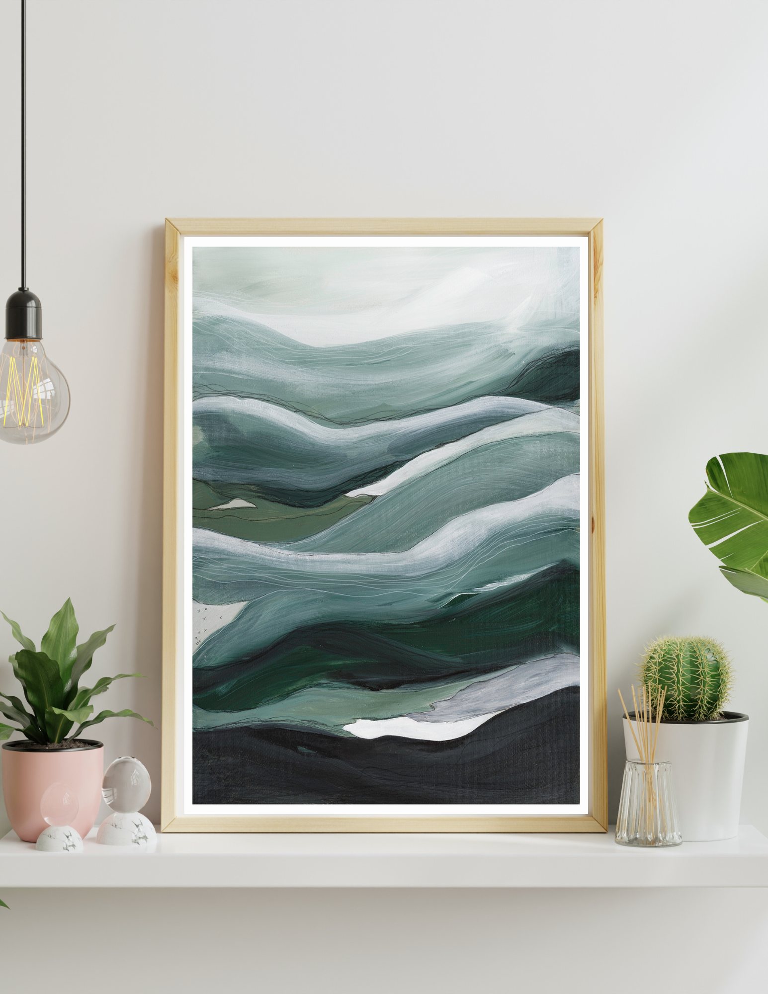 Abstract A2 acrylic landscape artwork by Leanne Aroha Mulder – in greens , whites, deep greens and teal colours reresenting layerd hills with fine linework
