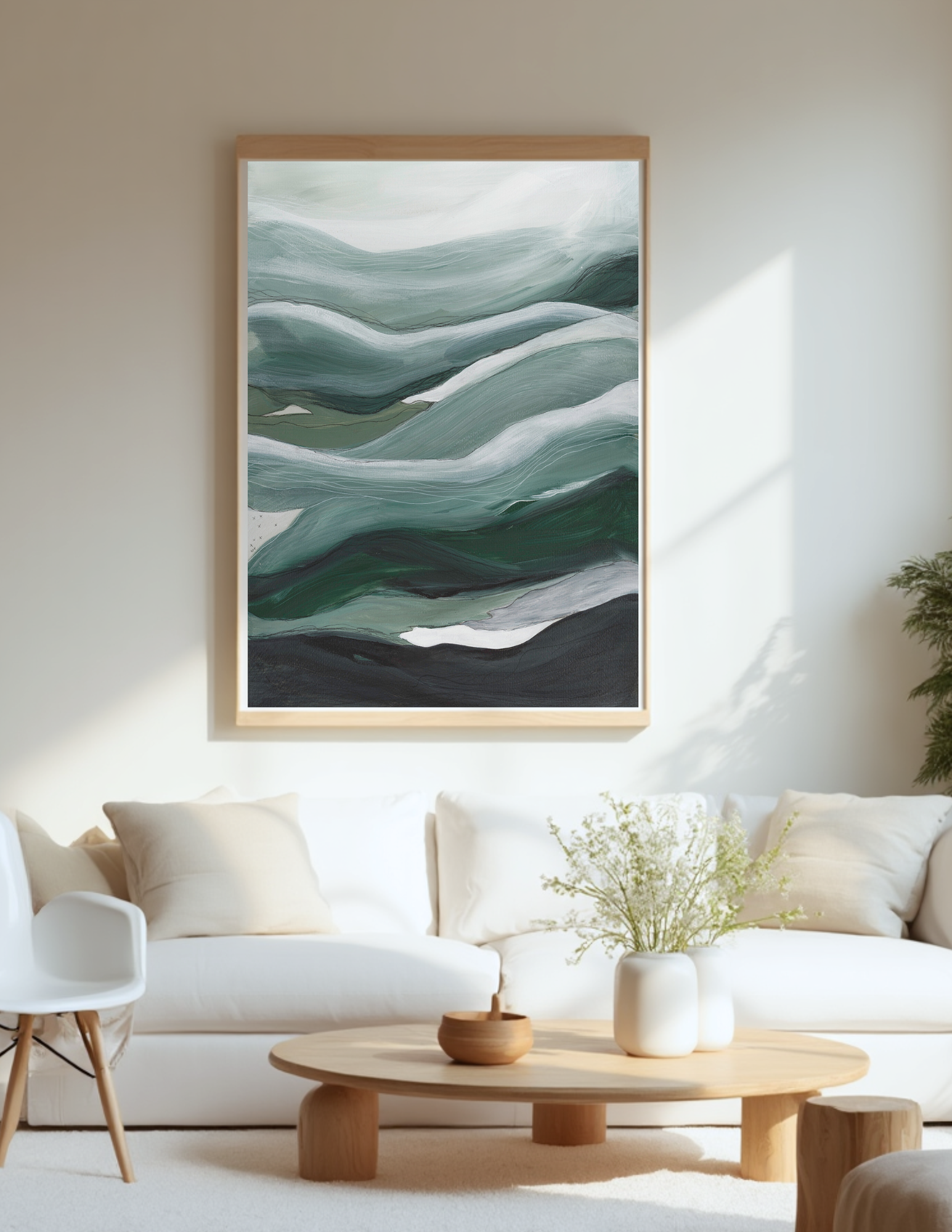 Abstract A2 acrylic landscape artwork by Leanne Aroha Mulder – in greens , whites, deep greens and teal colours reresenting layerd hills with fine linework