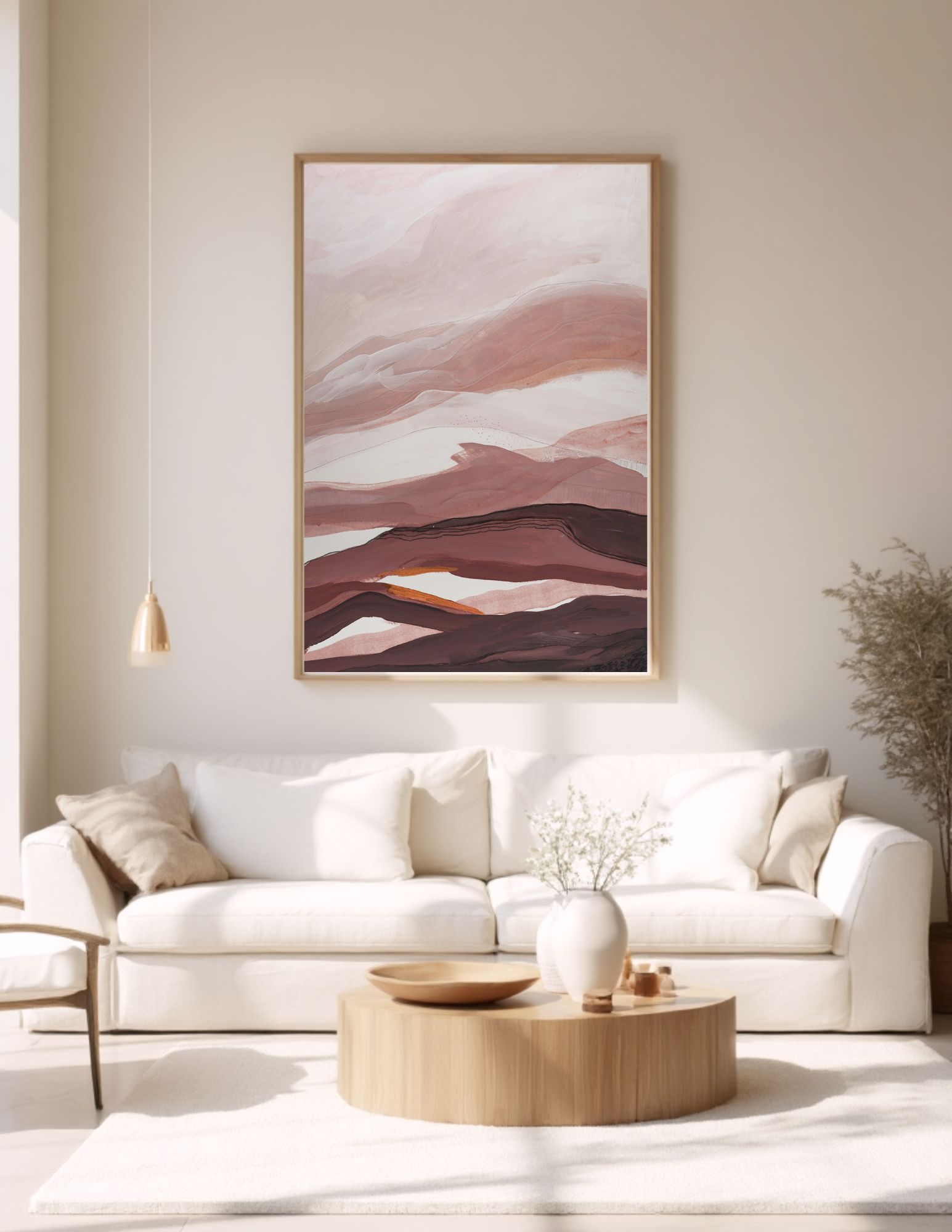 Abstract A2 acrylic landscape artwork by Leanne Aroha Mulder – in terracotta, blush, apricot, clay and mahogany tones with fine linework and layered earthy textures.