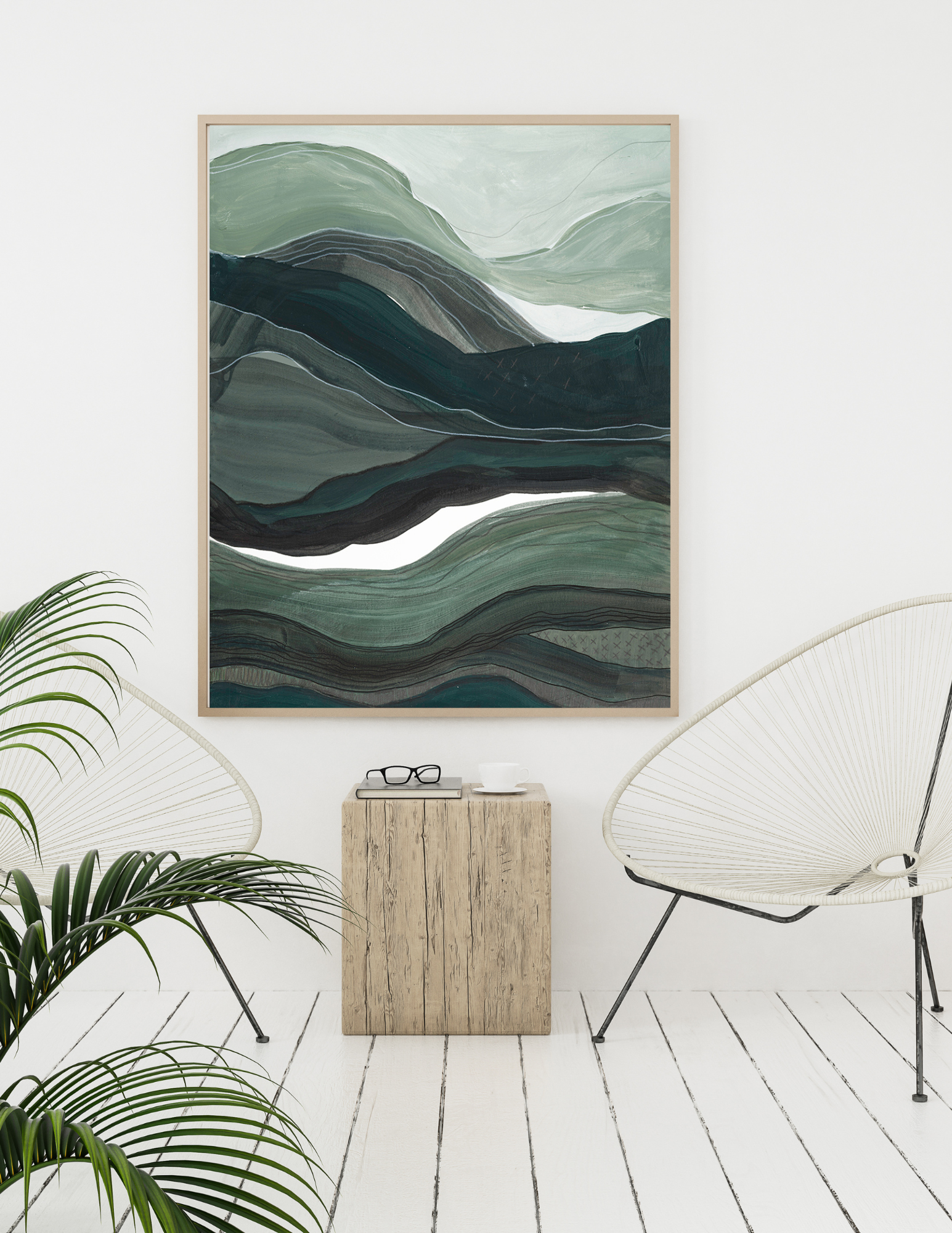 Abstract A2 acrylic landscape artwork by Leanne Aroha Mulder – in greens , moss green and teals whites, denoting layered hills and lands and misty skys