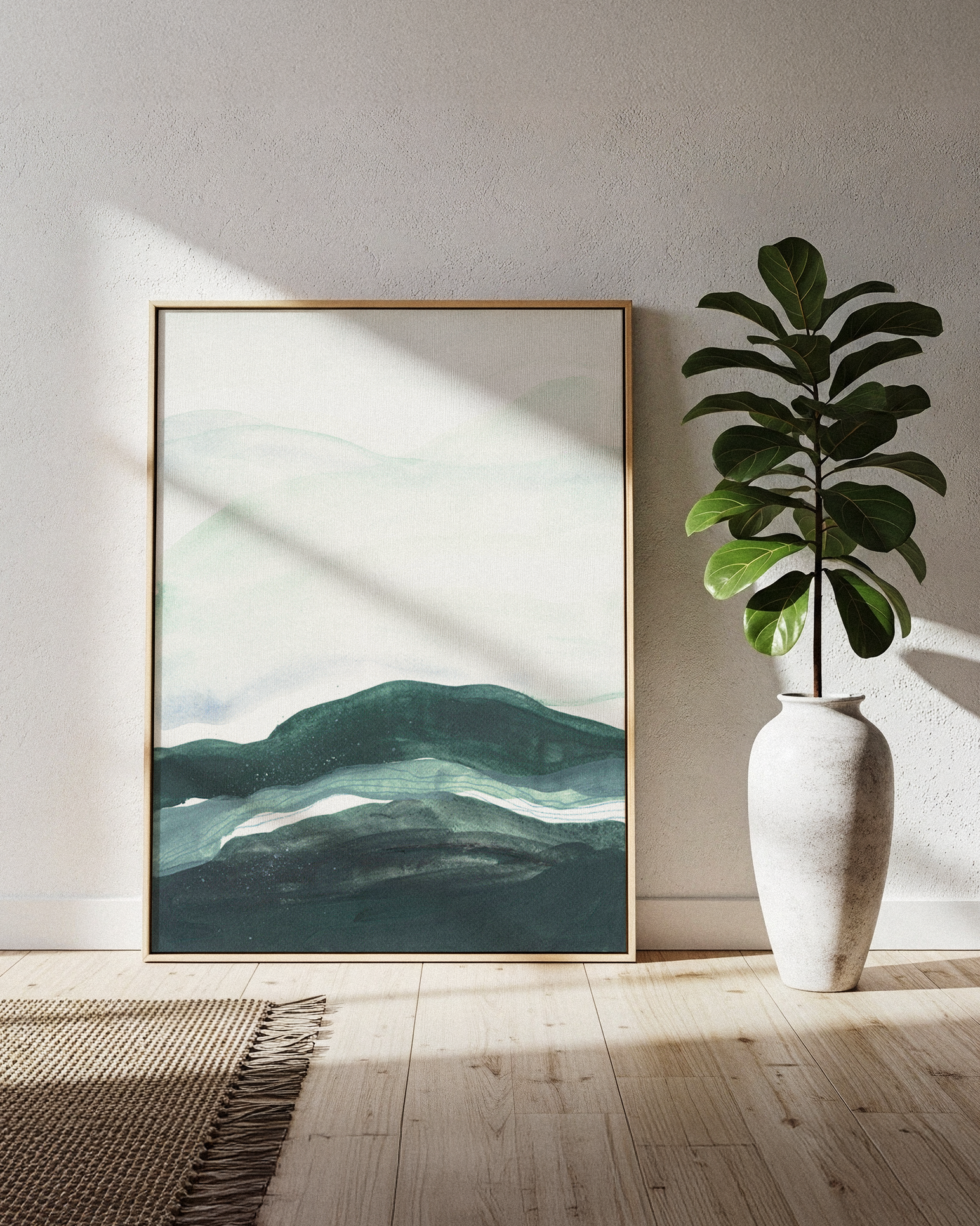 Layered mountain landscape watercolor  &acrylic painting with misty sky in  soft whites blues and greens
