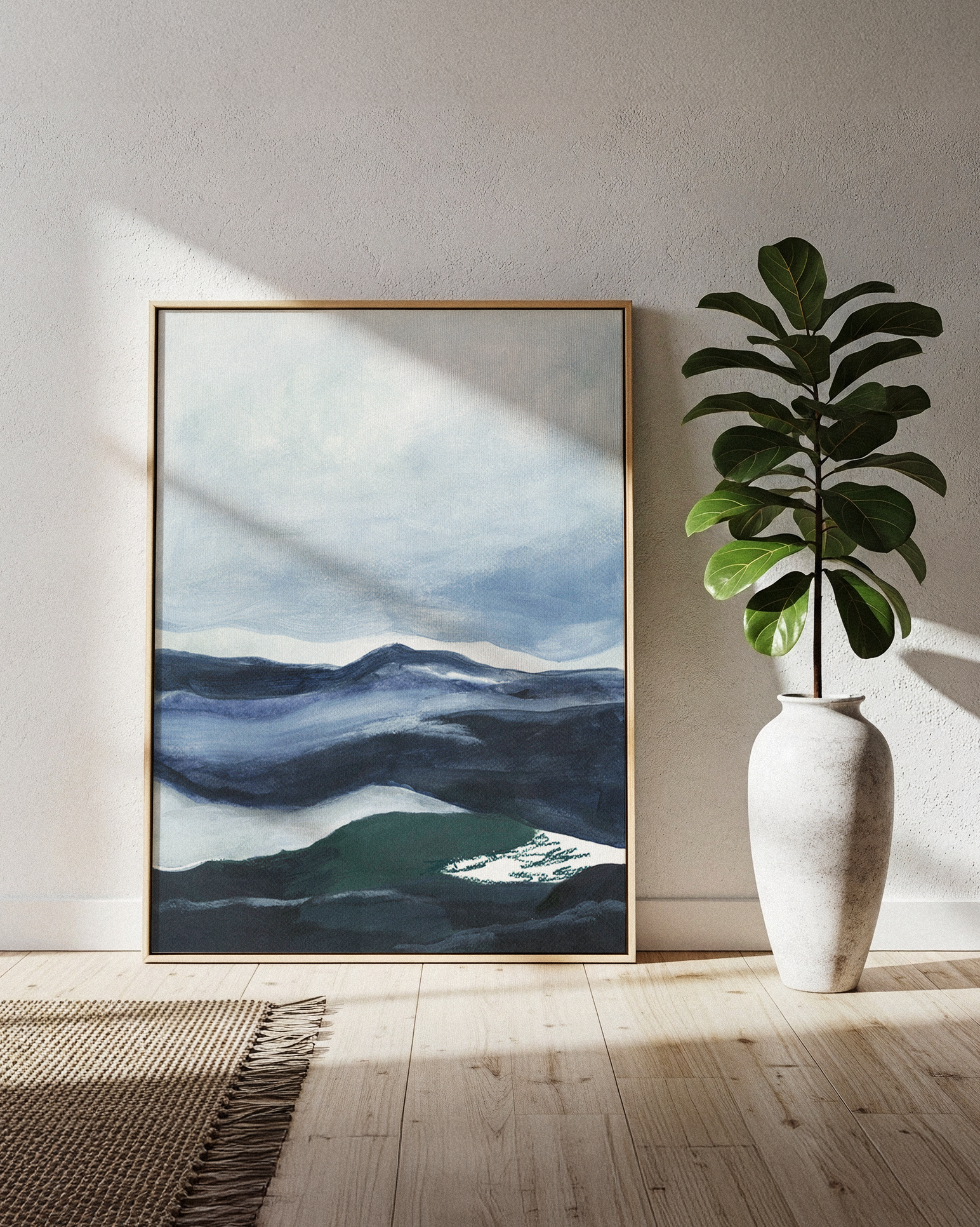 Layered mountain landscape acrylic painting with misty sky in blues and greens
