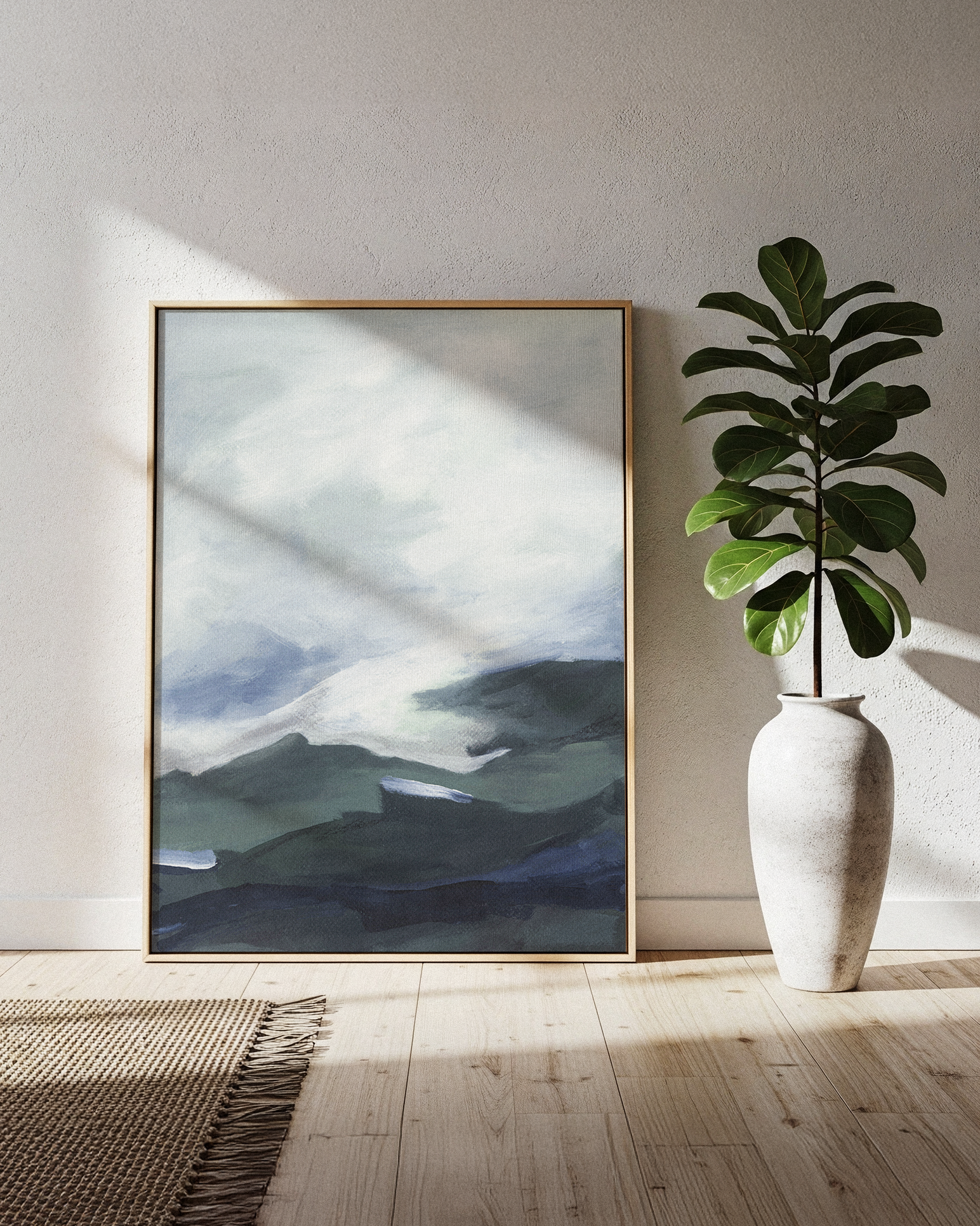 Layered mountain landscape watercolor painting with misty sky in blues and greens