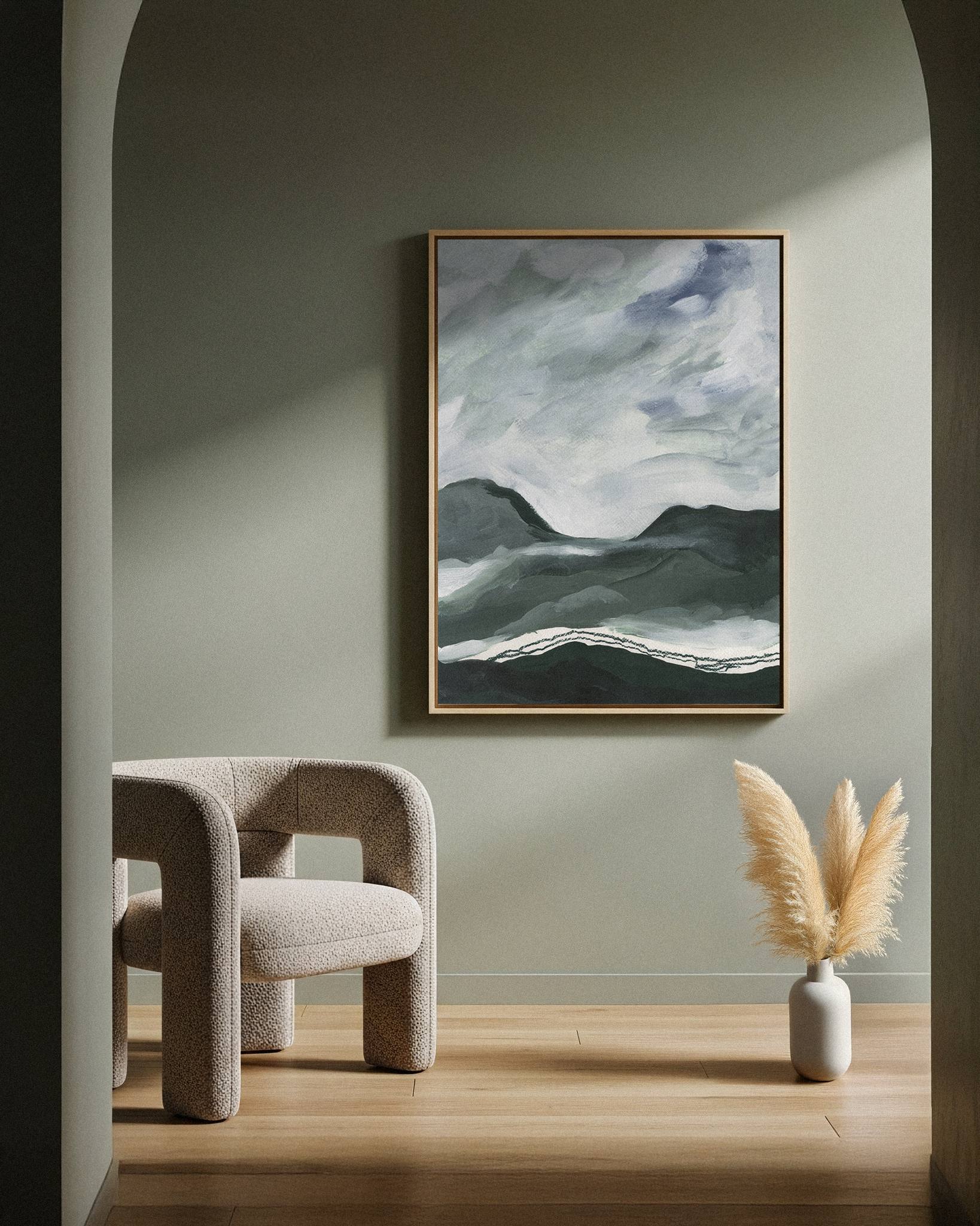 Abstract painting in acrylic and watercolour layered lands and hills painting by leanne Aroha Mulder