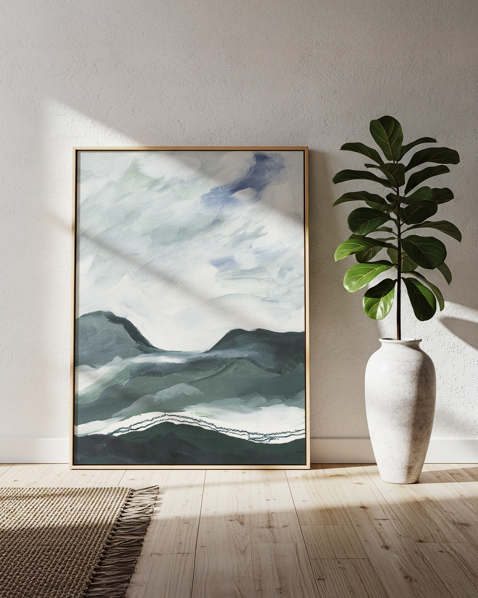 Layered abstract landscape watercolor  & acrylic painting with misty sky in blues and green layered hills