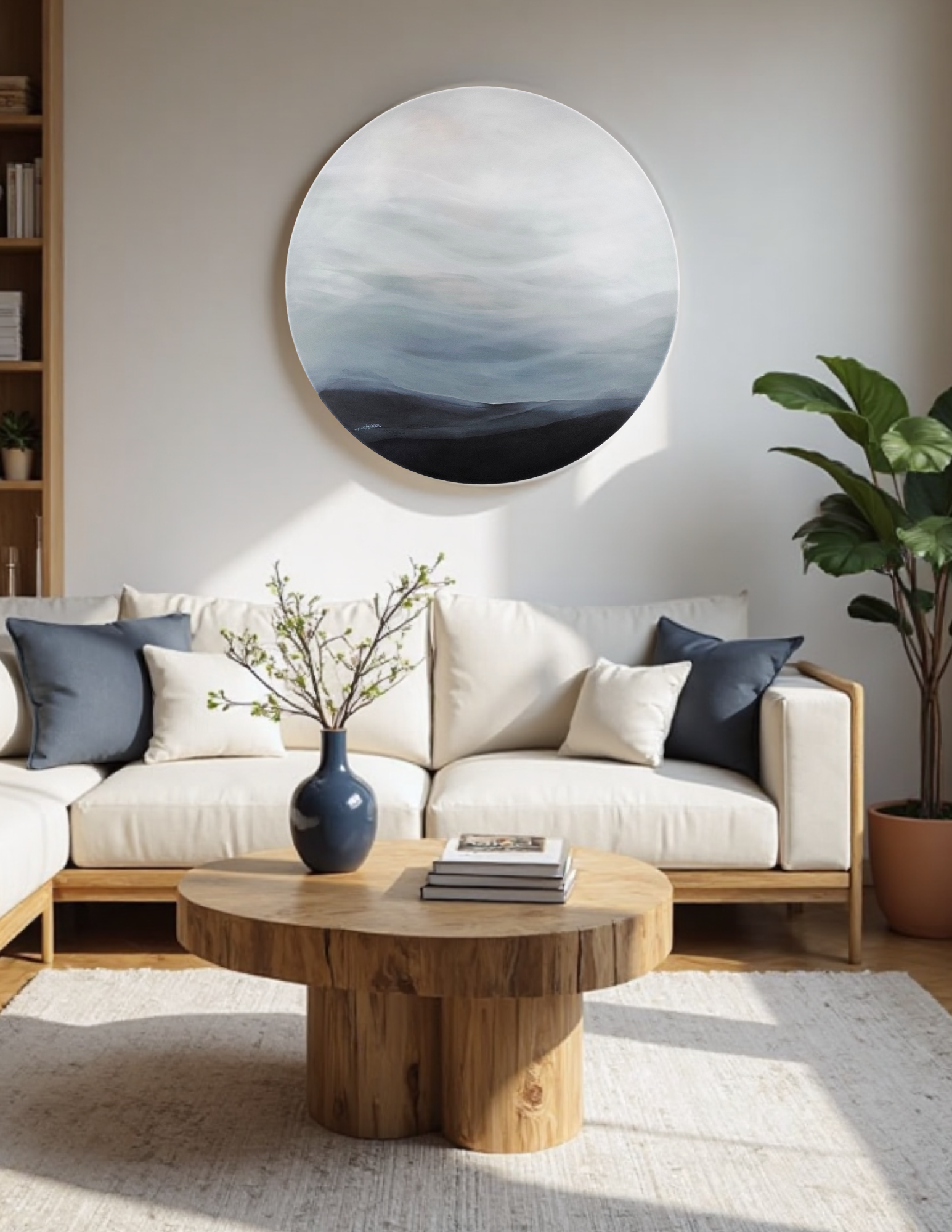 Beyond the Horizon by Leanne Aroha Mulder – large round painting with soft hills and a misty sky in subdued tones, evoking quiet reflection and calm.