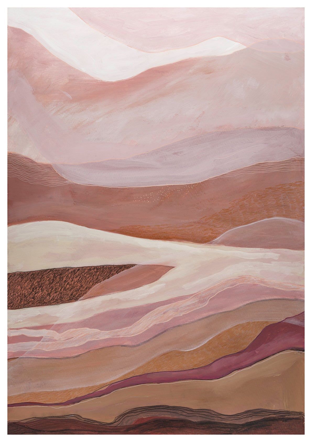 Original abstract landscape painting artwork featuring flowing mountain silhouettes in warm pink and coral hues
