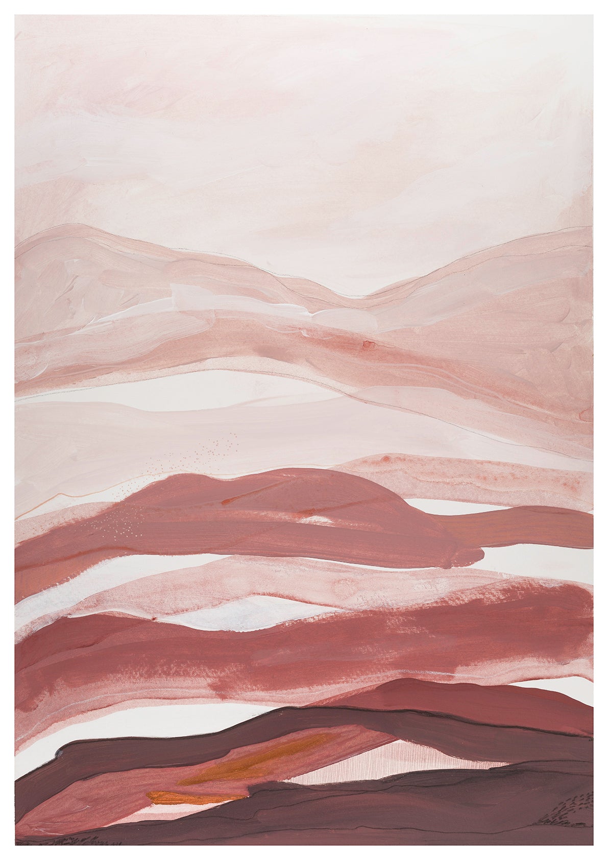 Abstract landscape acrylic painting by Leanne Aroha Mulder, in colours of , pinks brown s terracotta and rich earthy colors, layered lands