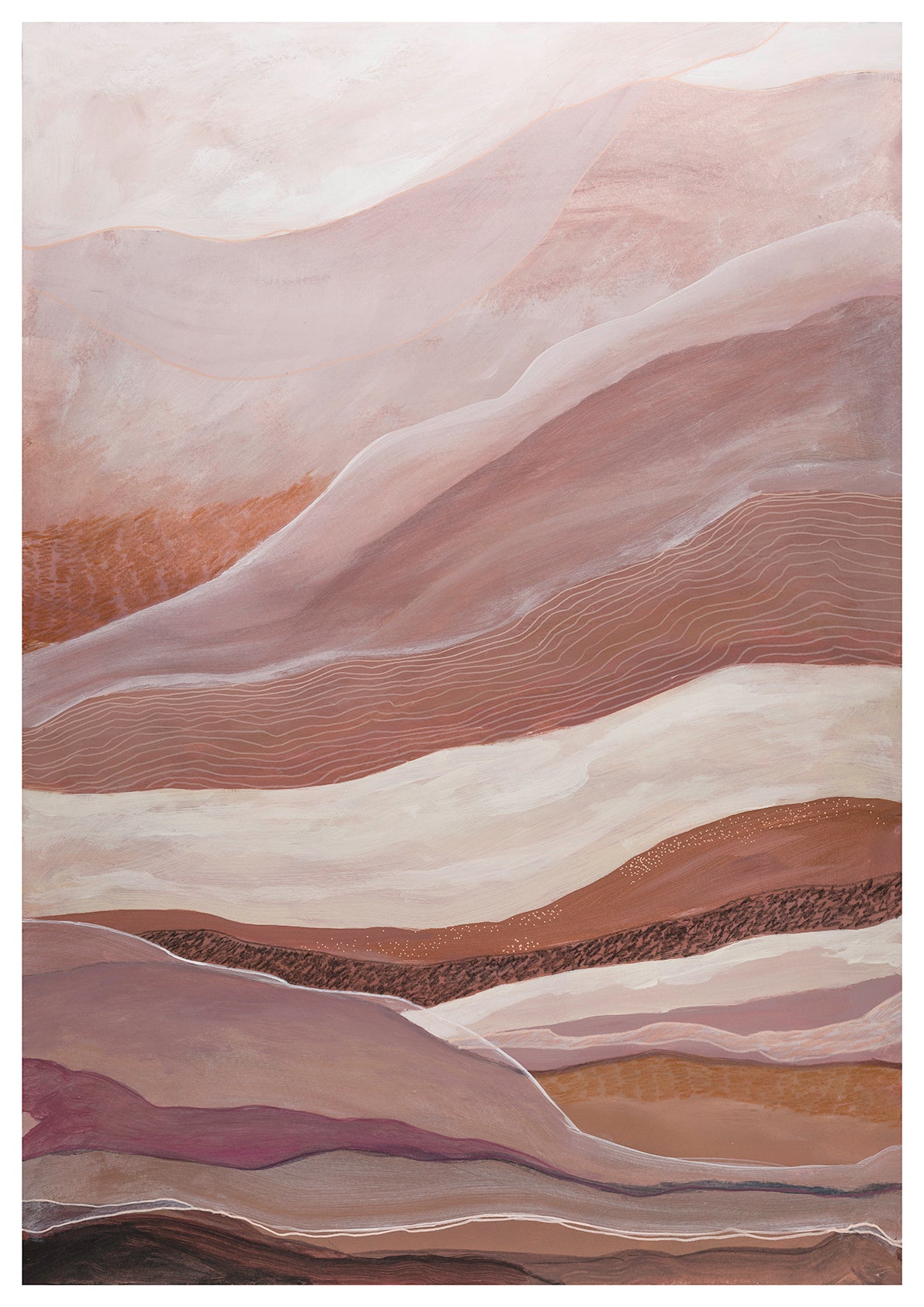 Abstract landscape painting in acrylic and ink by Leanne Aroha Mulder in colours of pink blush clay and terracotta, showing soft interfolded layers of earth