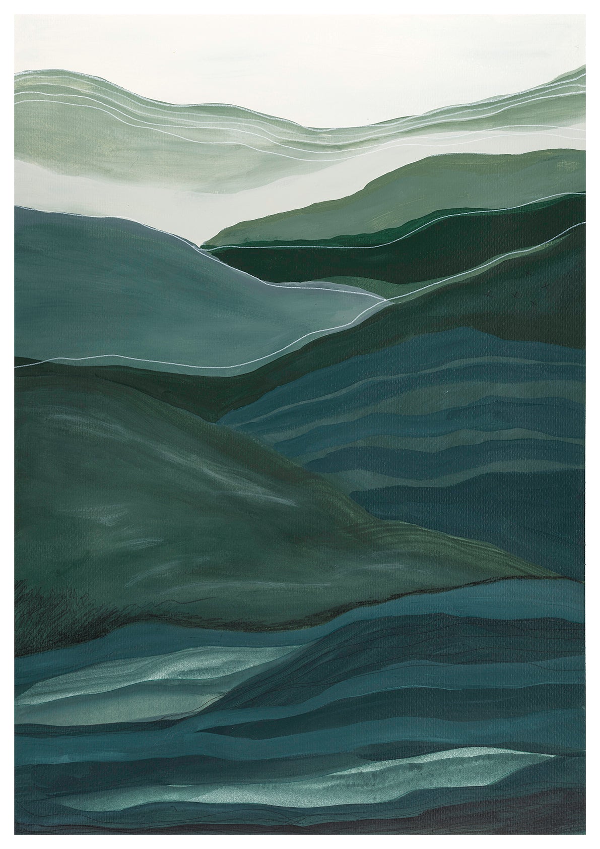 Abstract A2 acrylic landscape artwork by Leanne Aroha Mulder – in greens , soft blues whites, denoting layered hills and misty skys