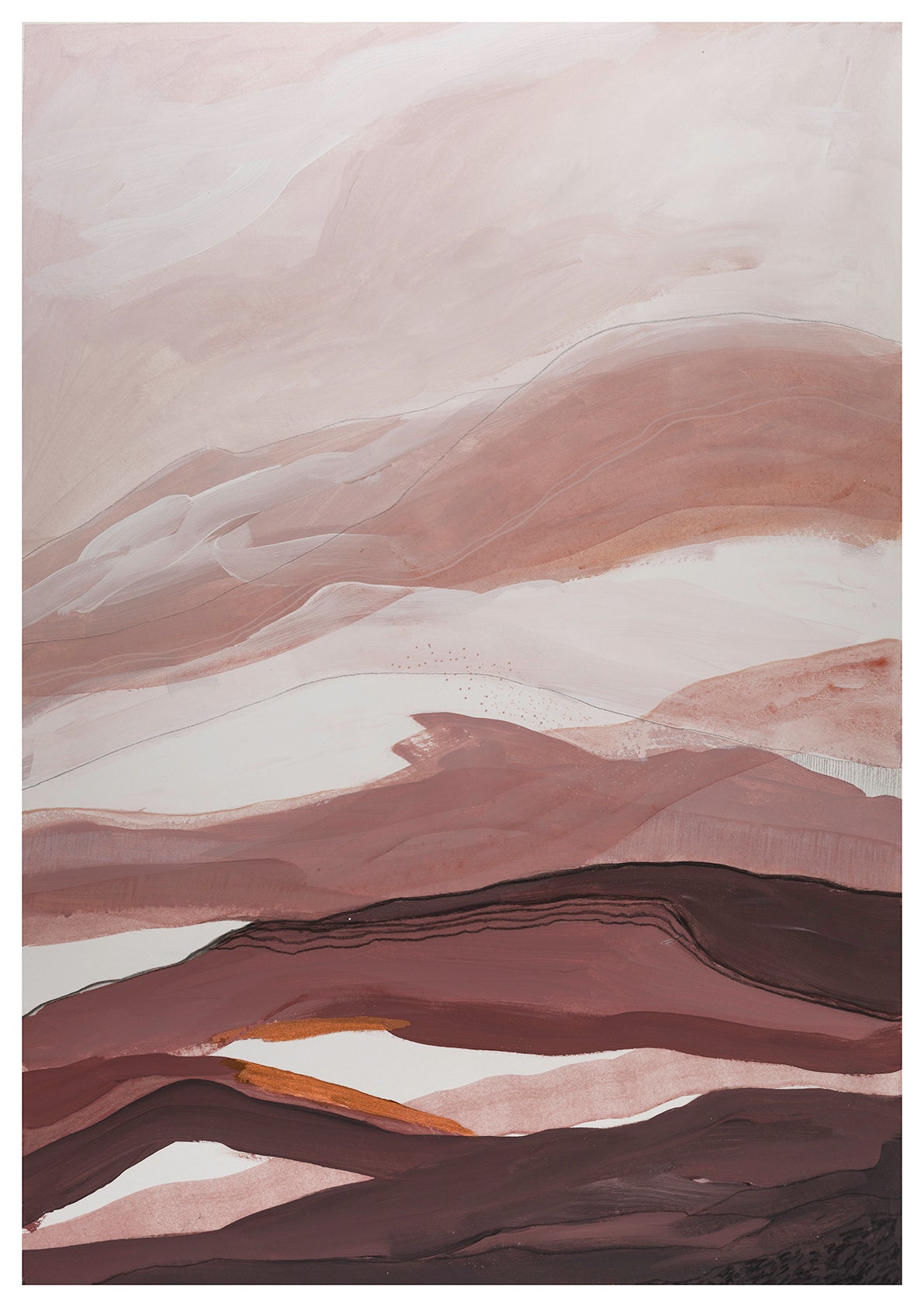 Abstract A2 acrylic landscape artwork by Leanne Aroha Mulder – in terracotta, blush, apricot, clay and mahogany tones  with fine linework and layered earthy textures.
