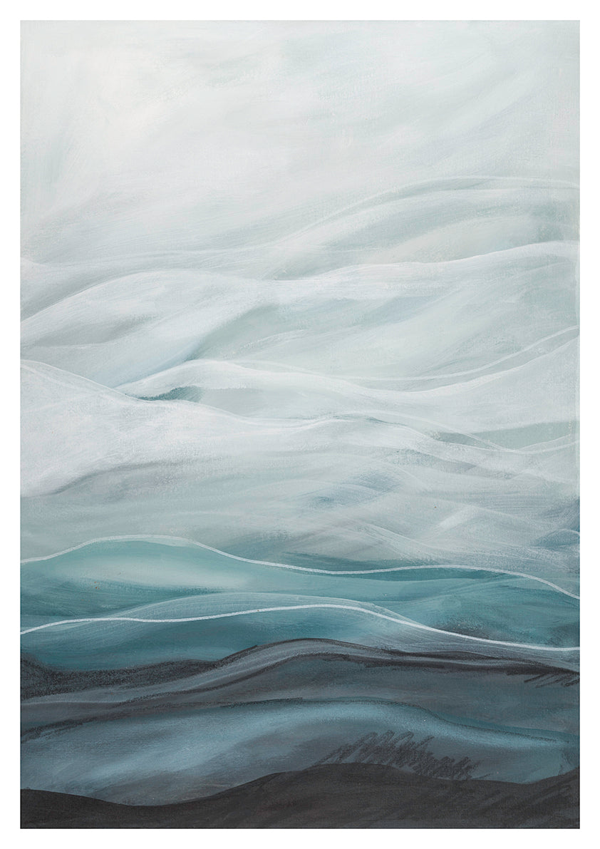 Abstract landscape artwork by Leanne Aroha Mulder titled "Dreaming Below" — features soft misty blues, layered hills, and delicate flowing lines.
