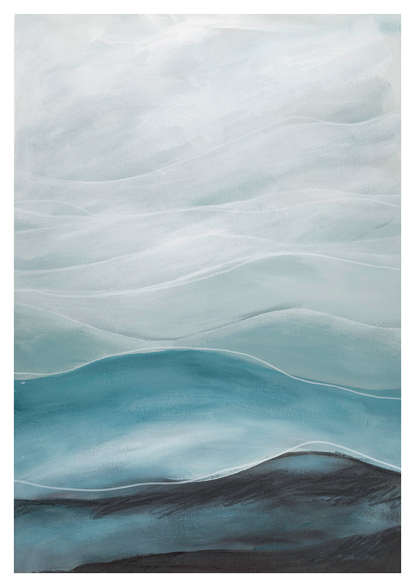Where the Current Flows” by Leanne Aroha Mulder – abstract landscape painting in soft blue, teal, and charcoal tones with gentle layered hills