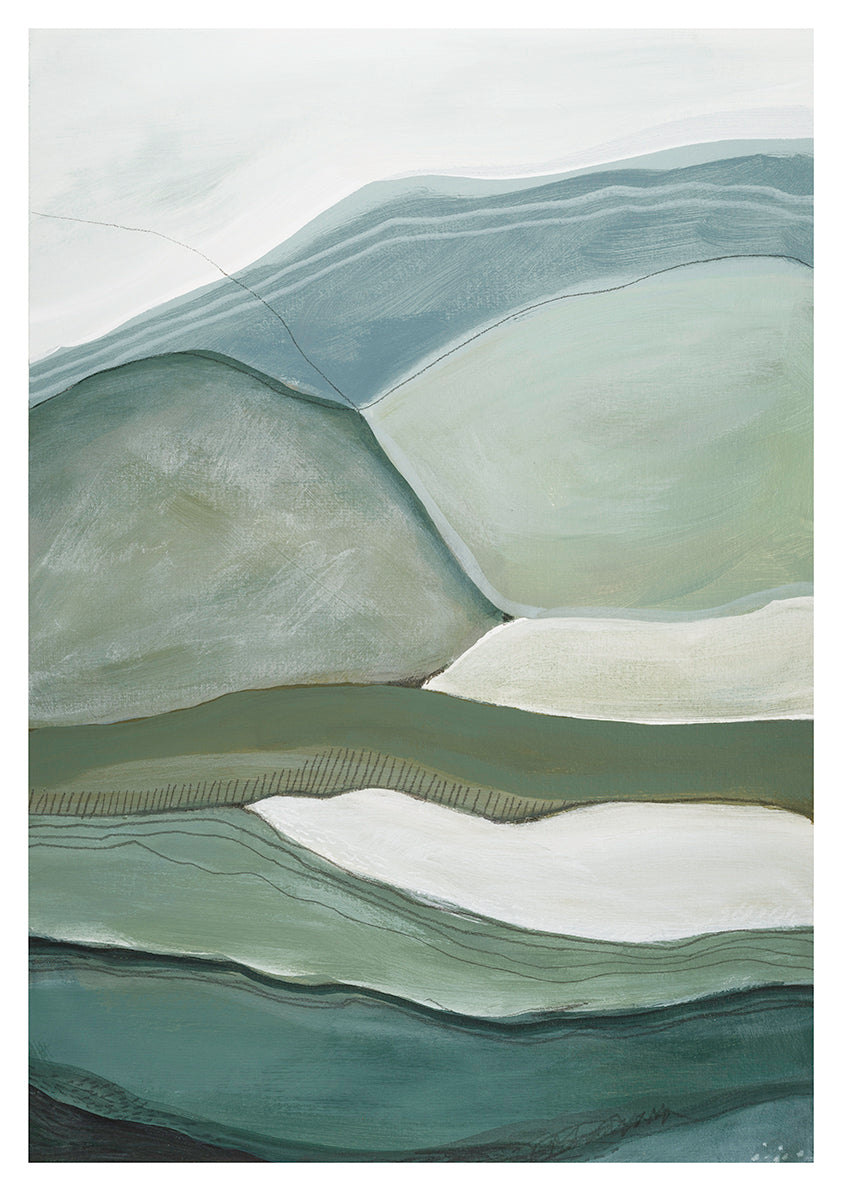 Original  art Layered abstract landscape watercolor  & acrylic painting with misty sky in blues and green layered hills
