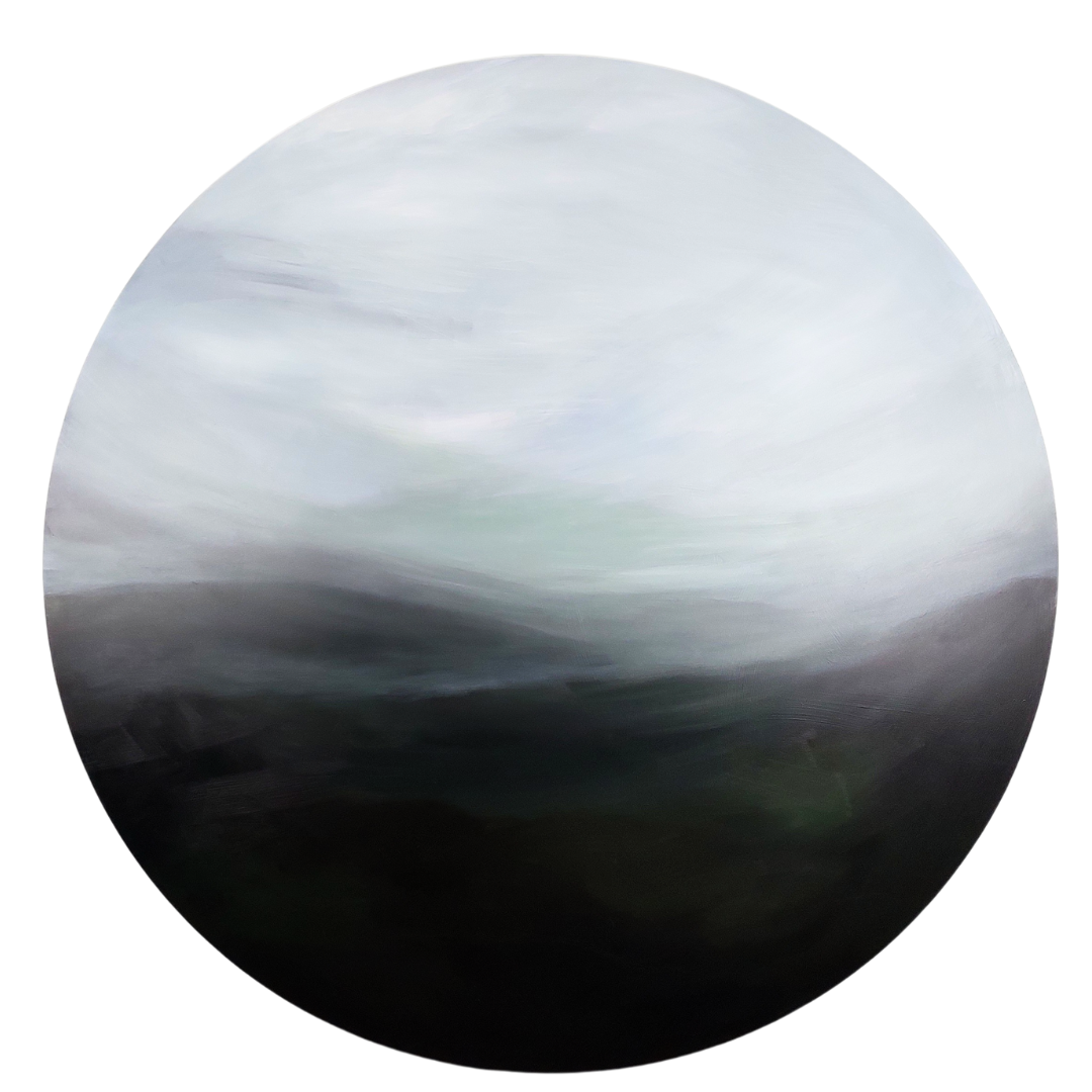Flowing Embrace’ by Leanne Aroha Mulder – large circular abstract painting in soft greens and misty whites, inspired by Hine-pūkohu-rangi