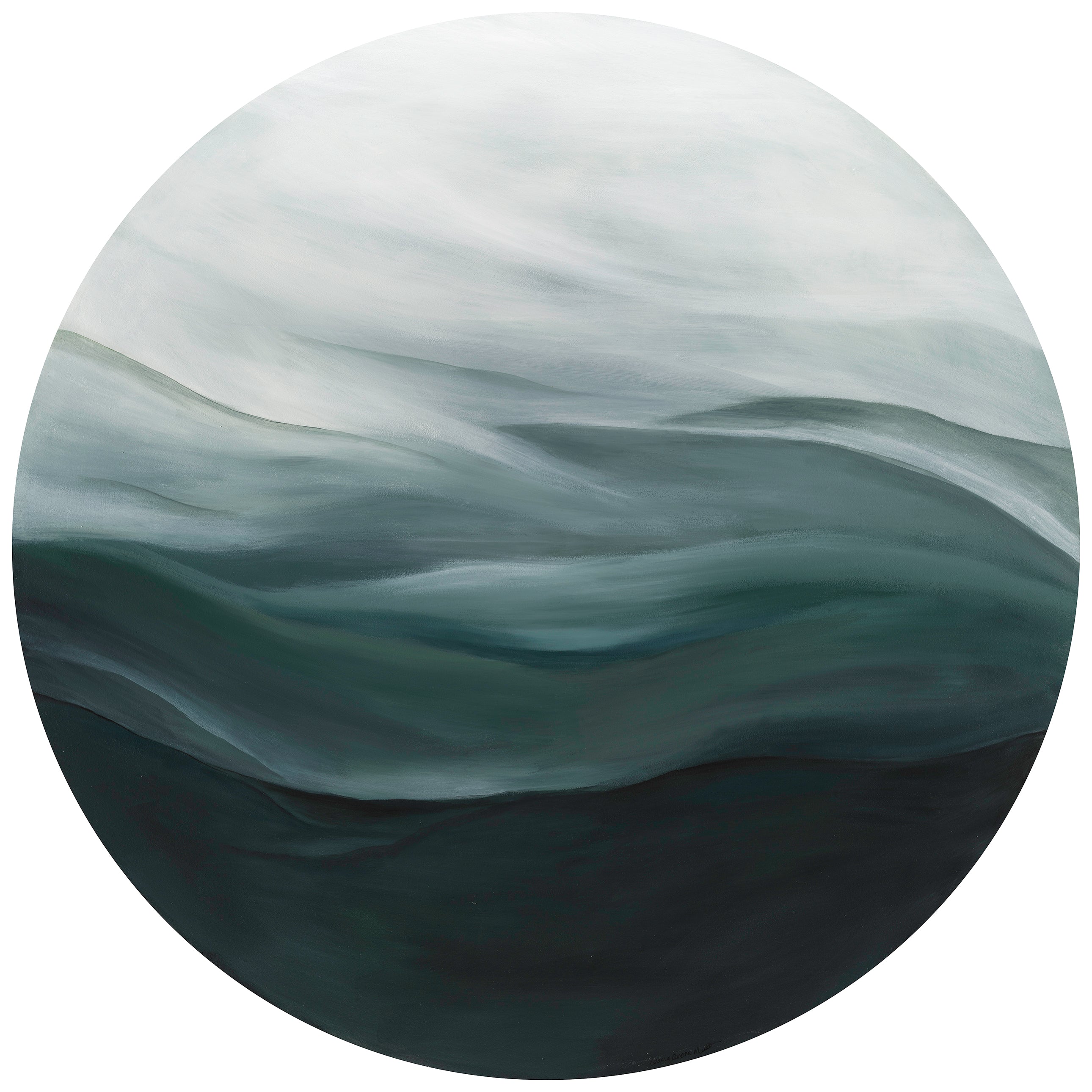 In the Quiet of Light" print by Leanne Aroha Mulder – soft abstract circular landscape in misty greens and whites, evoking peaceful misty visions