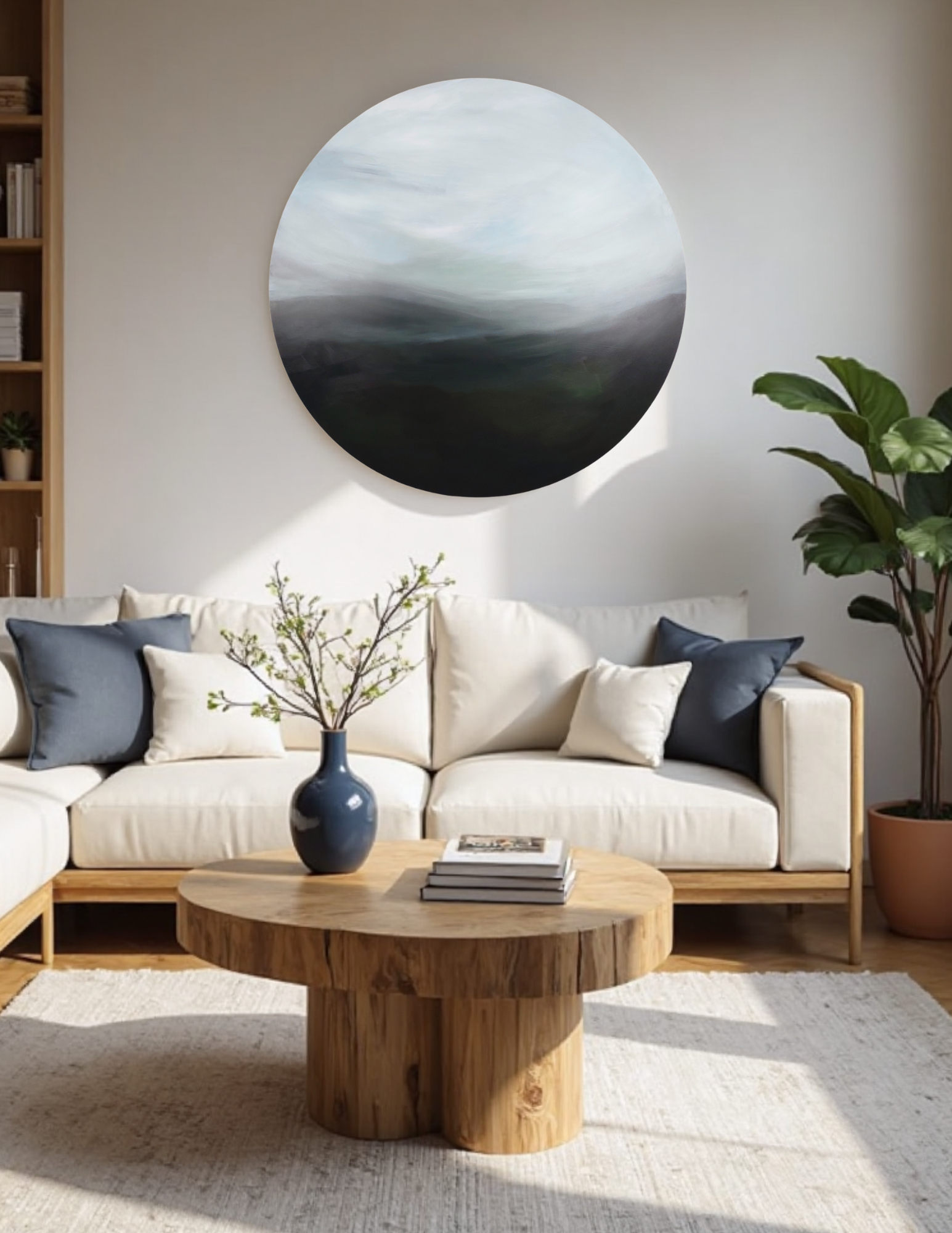 Flowing Embrace’ by Leanne Aroha Mulder – large circular abstract painting in soft greens and misty whites, inspired by Hine-pūkohu-rangi