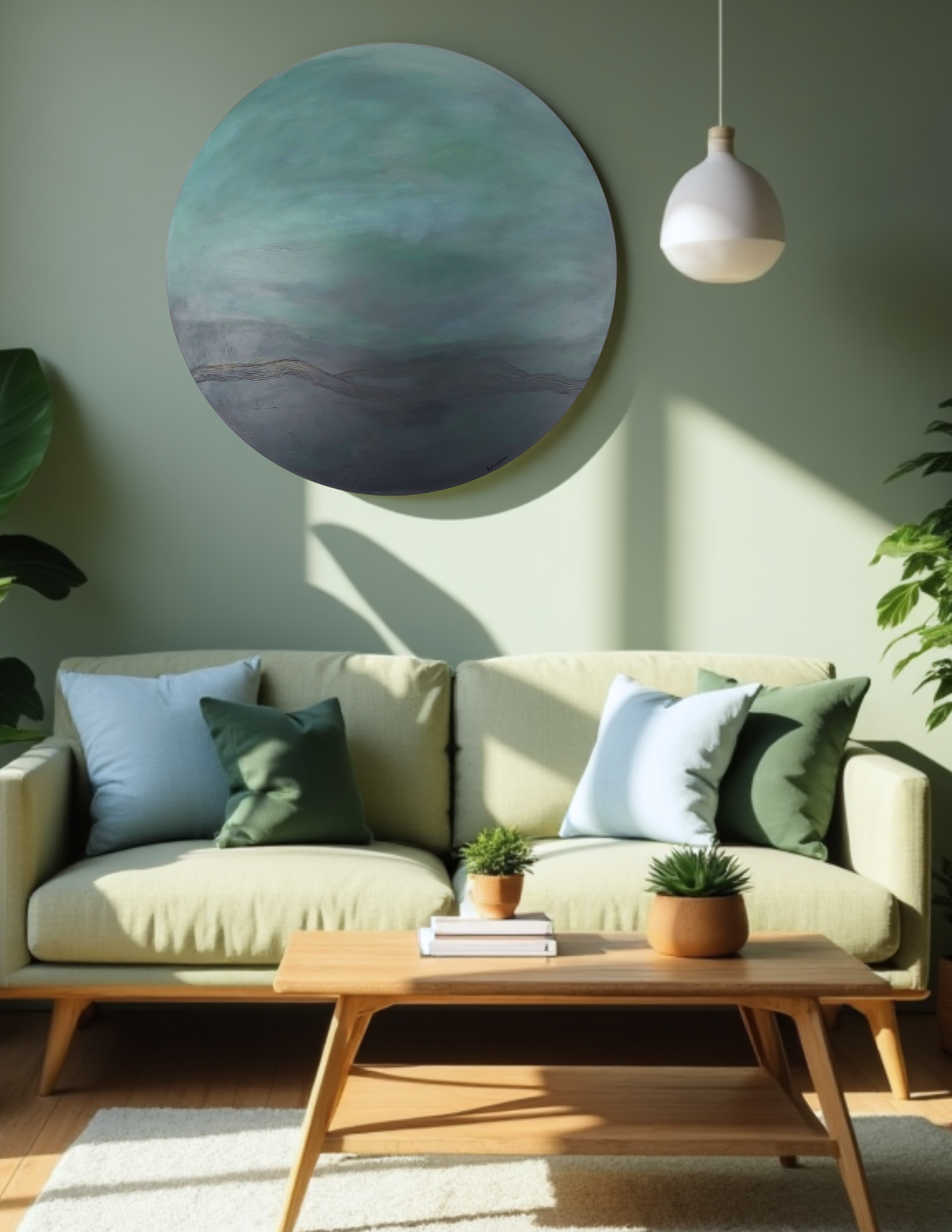 Earth’s Scent by Leanne Aroha Mulder – circular abstract artwork in deep greens, evoking native bush, moss, and the grounding aroma of earth.