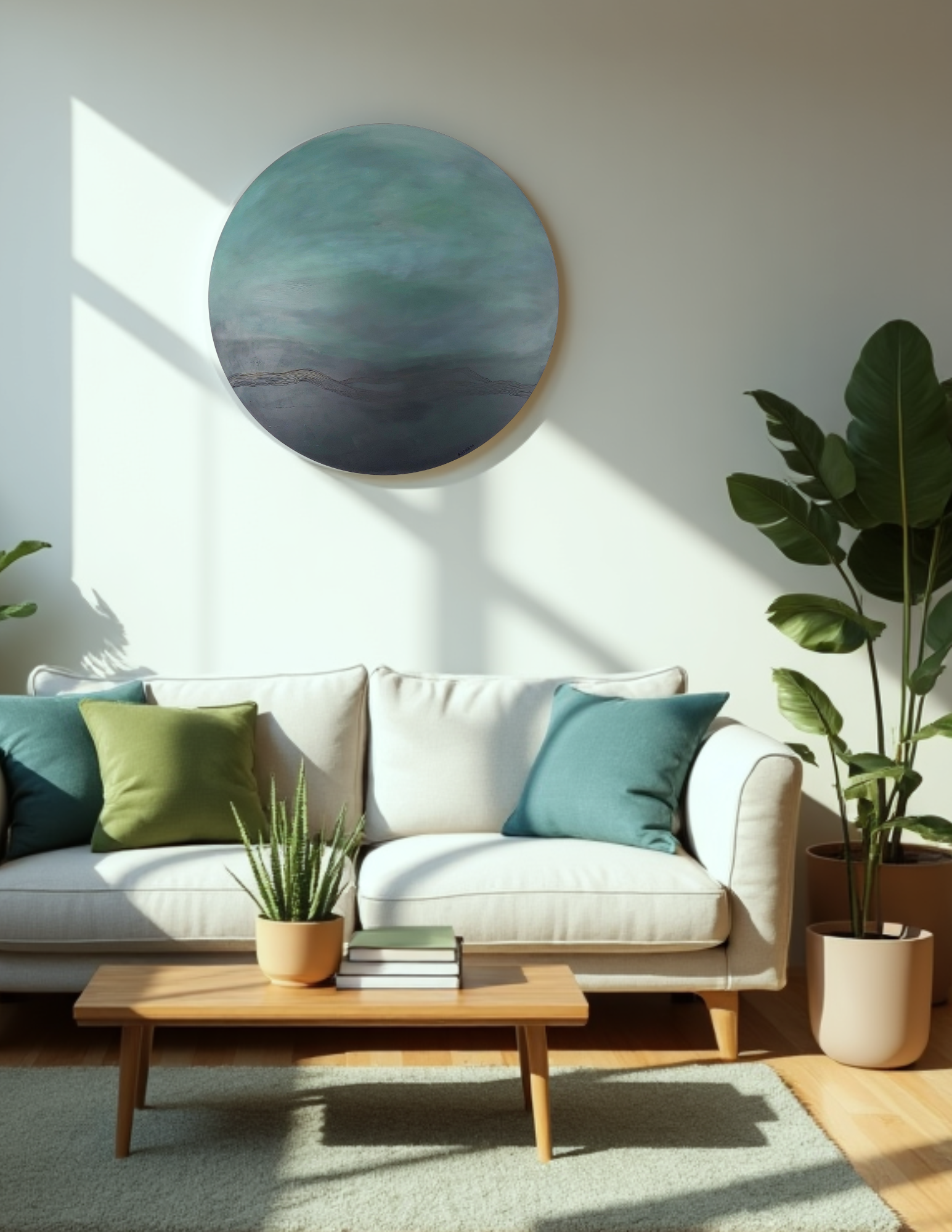 Earth’s Scent by Leanne Aroha Mulder – circular abstract artwork in deep greens, evoking native bush, moss, and the grounding aroma of earth.