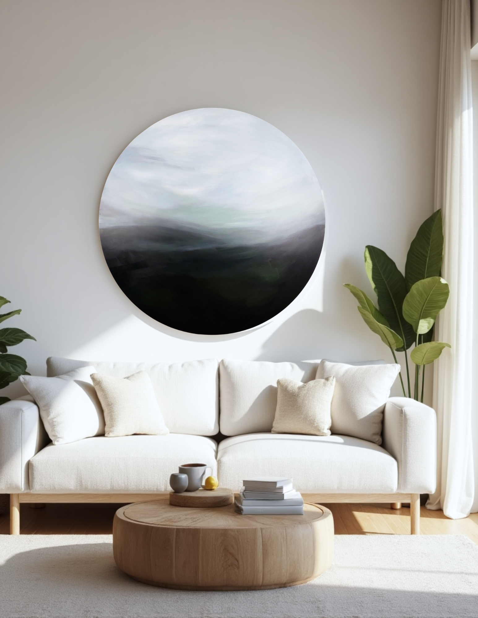 Flowing Embrace’ by Leanne Aroha Mulder – large circular abstract painting in soft greens and misty whites, inspired by Hine-pūkohu-rangi