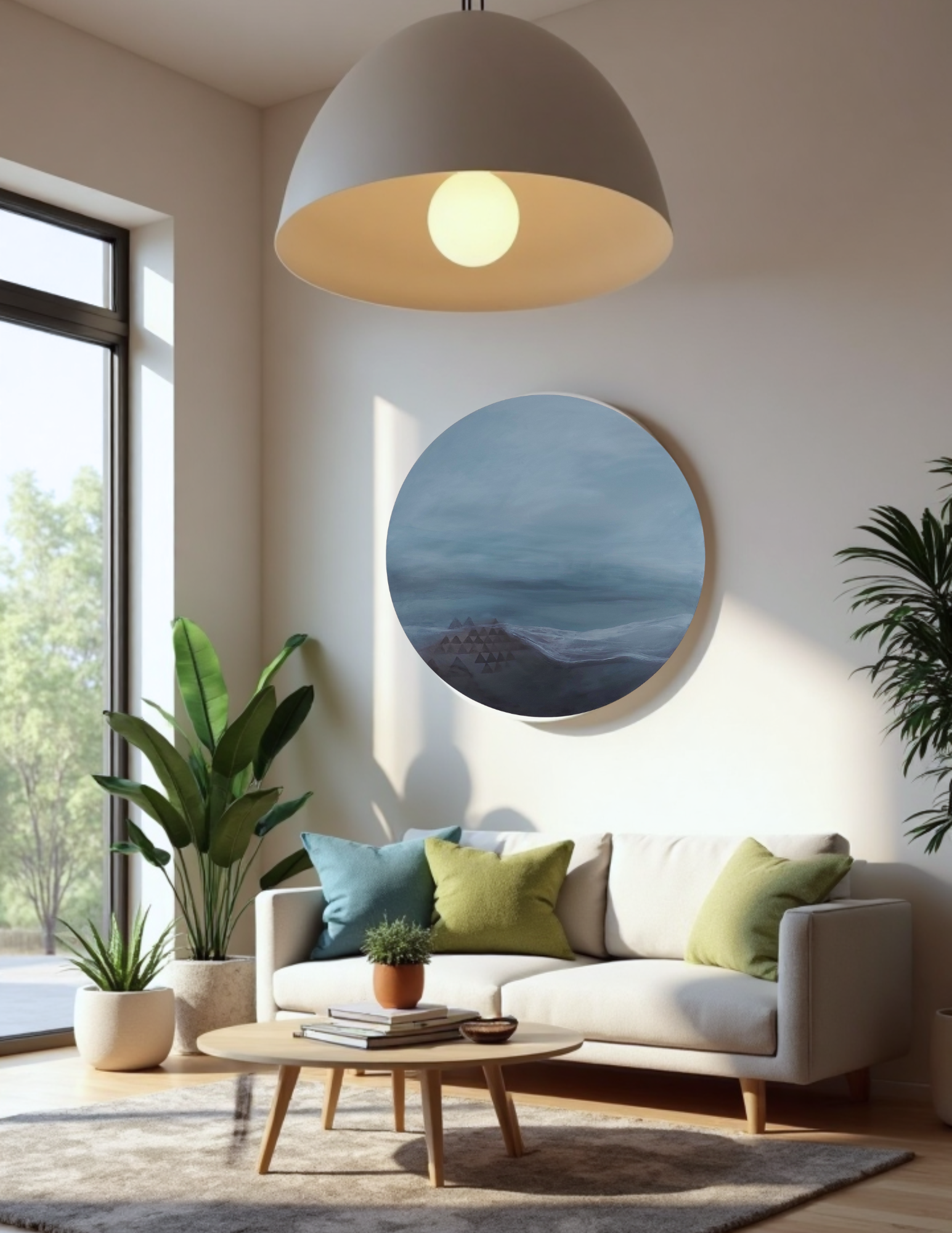 Tender Embrace by Leanne Aroha Mulder – circular abstract artwork with misty blue and white tones and soft pencil lines, evoking calm and earth's gentle protection.