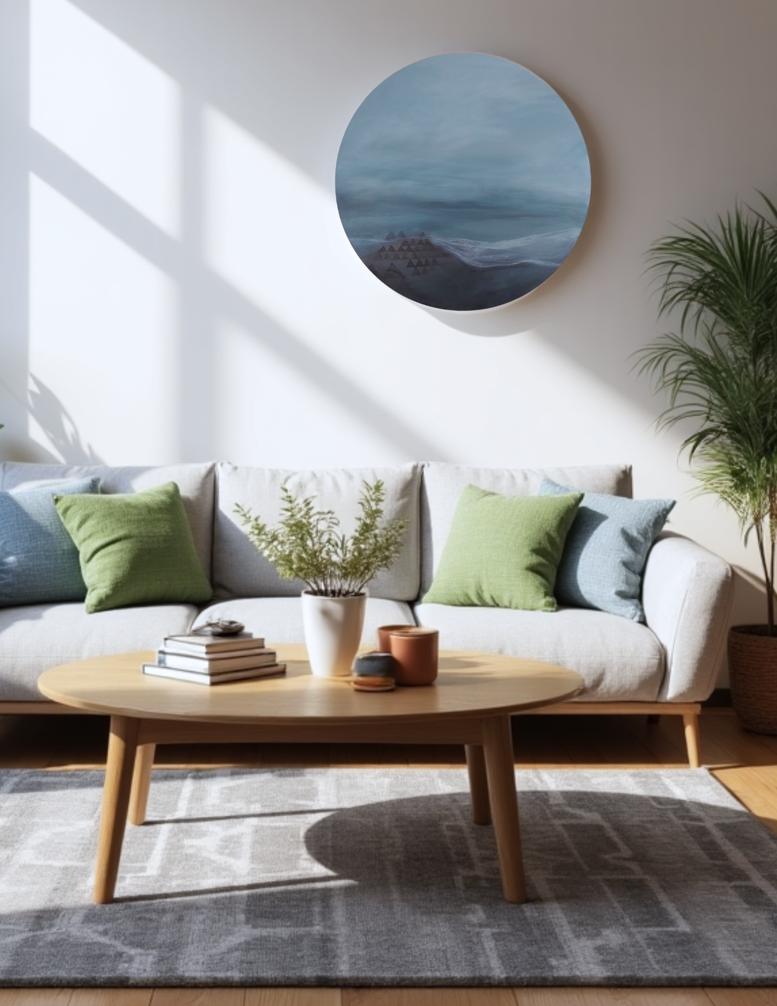 Tender Embrace by Leanne Aroha Mulder – circular abstract artwork with misty blue and white tones and soft pencil lines, evoking calm and earth's gentle protection. In a living room