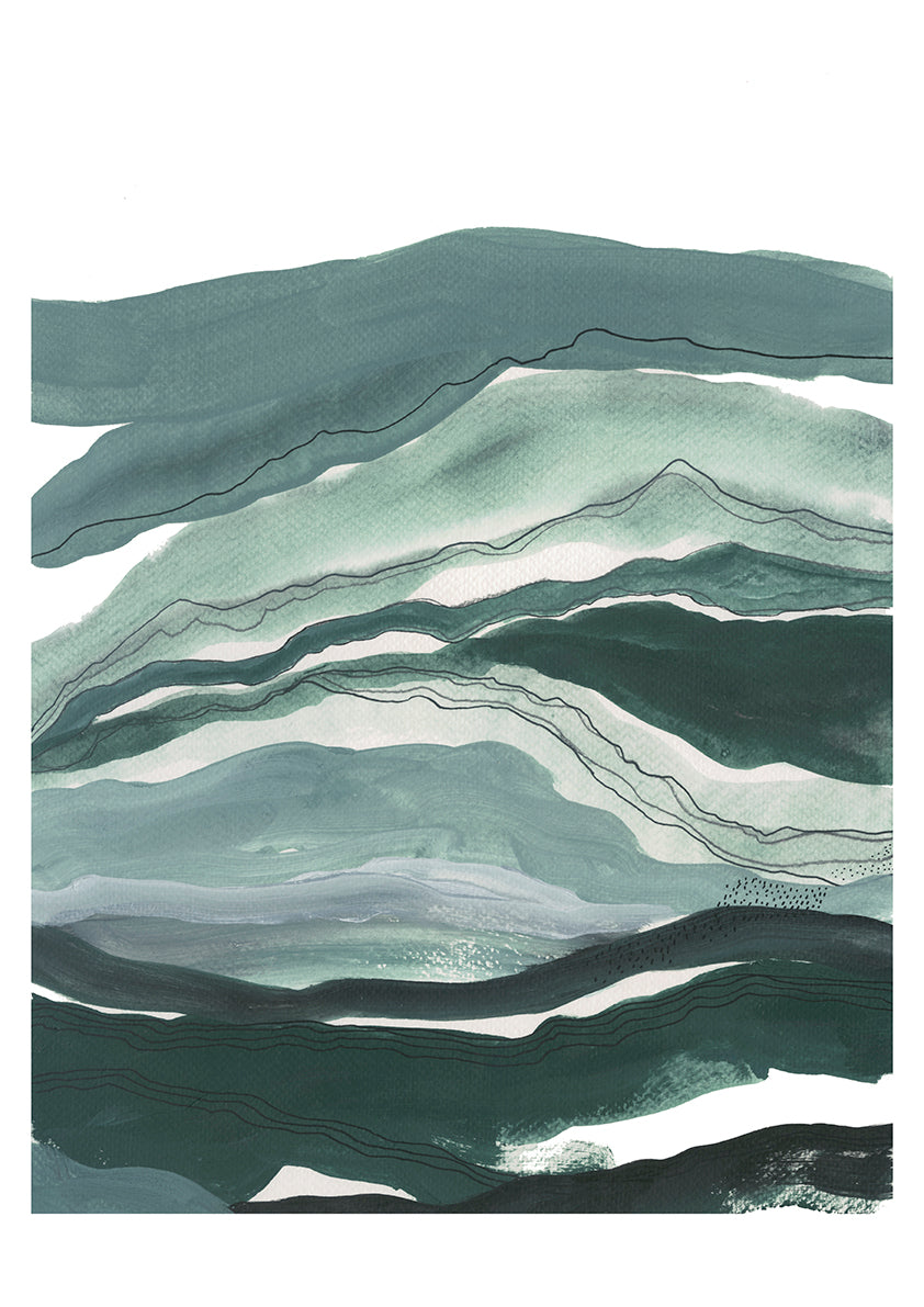 Layered abstract landscape watercolor  & acrylic painting with misty sky in blues and green layered hills