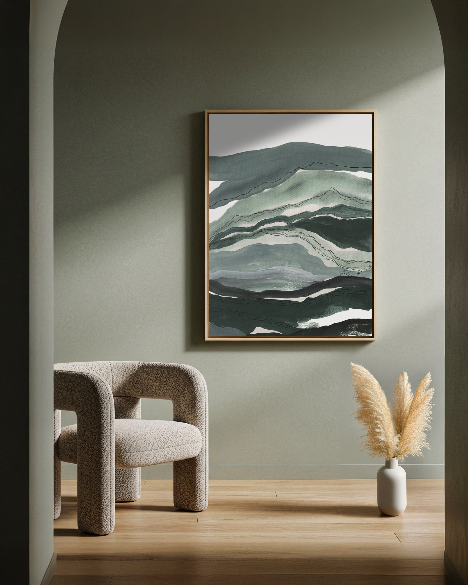 Layered abstract landscape watercolor  & acrylic painting with misty sky in blues and green layered hills