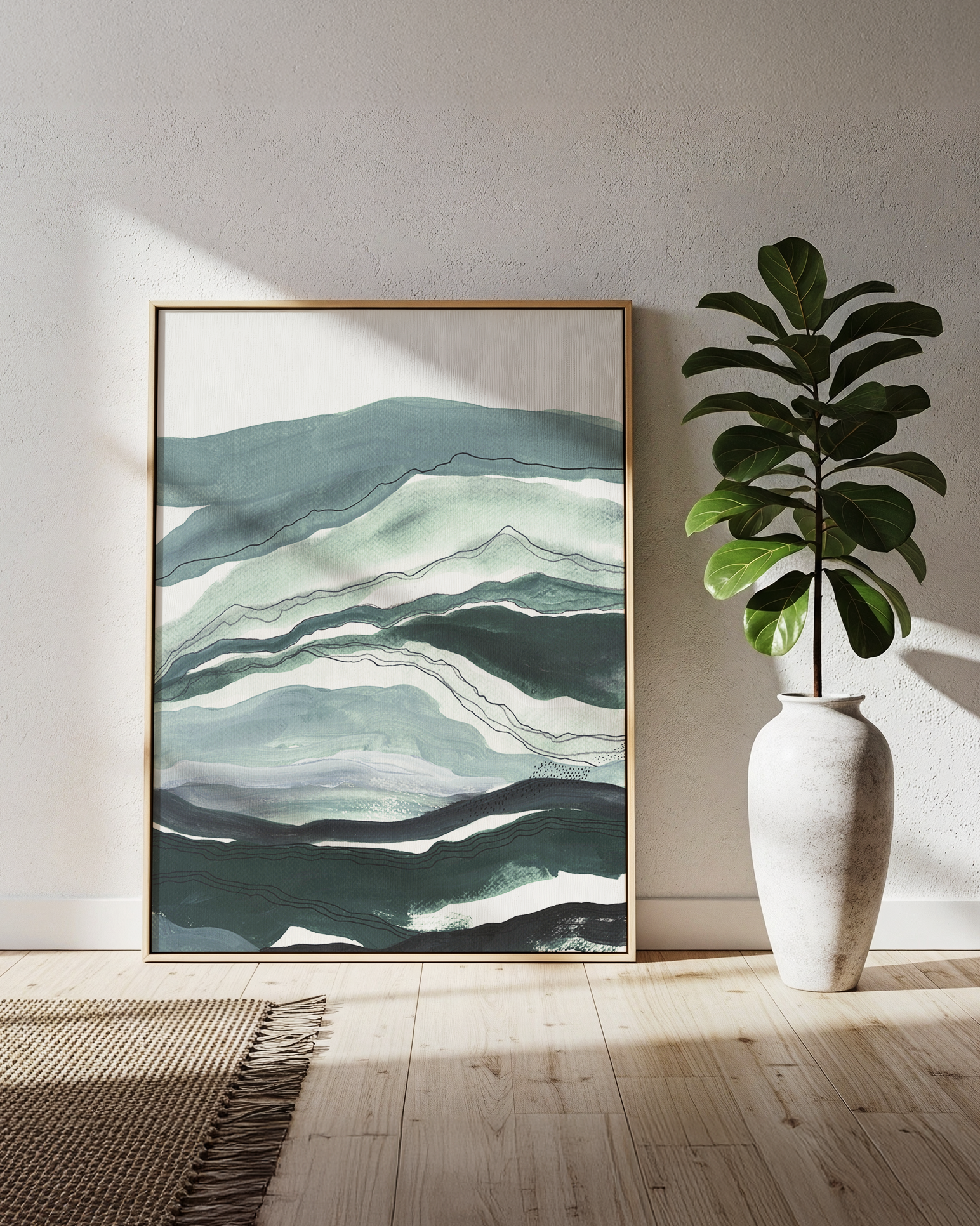 Layered abstract landscape watercolor  & acrylic painting with misty sky in blues and green layered hills