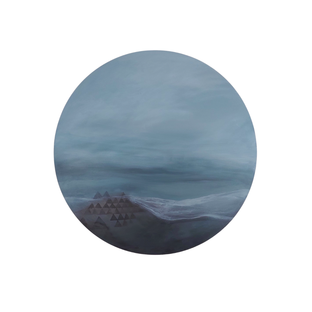 Tender Embrace by Leanne Aroha Mulder – circular abstract artwork with misty blue and white tones and soft pencil lines, evoking calm and earth's gentle protection.